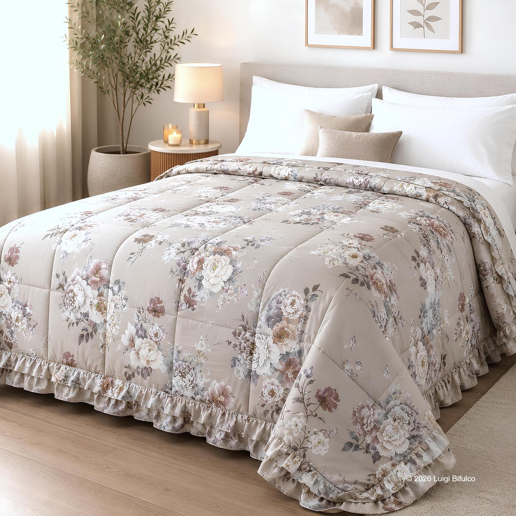 Trapunta matrimoniale Fancy Home Priscilla Tortora 245x250 cm in microfibra con fantasia floreale e doppia rouches