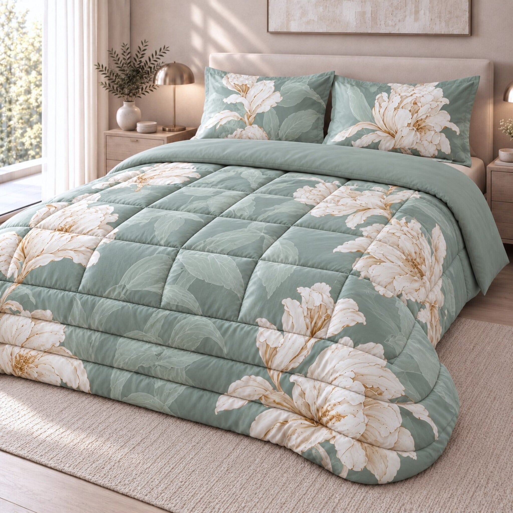 Trapunta Galizzi Lily Pietra su letto matrimoniale, con grandi fiori avorio su fondo grigio-verde e risvolto in tinta unita.