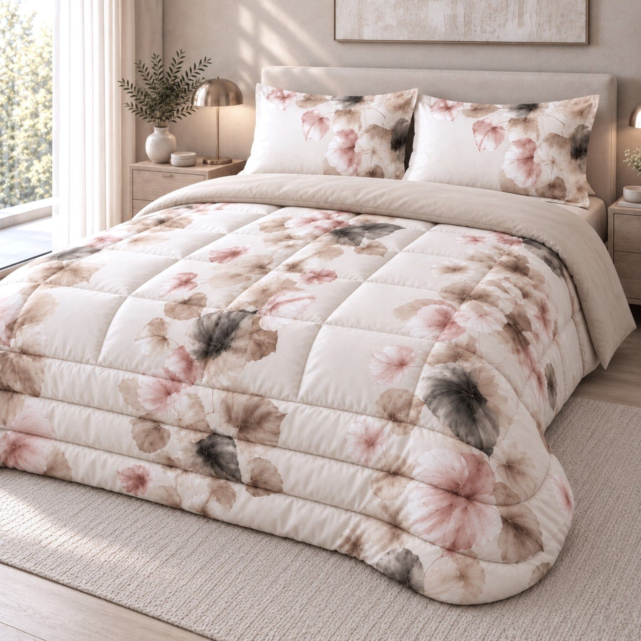 Trapunta Galizzi Nate Ecru su letto matrimoniale, con foglie beige, rosa e grigie e risvolto in tinta unita coordinata.