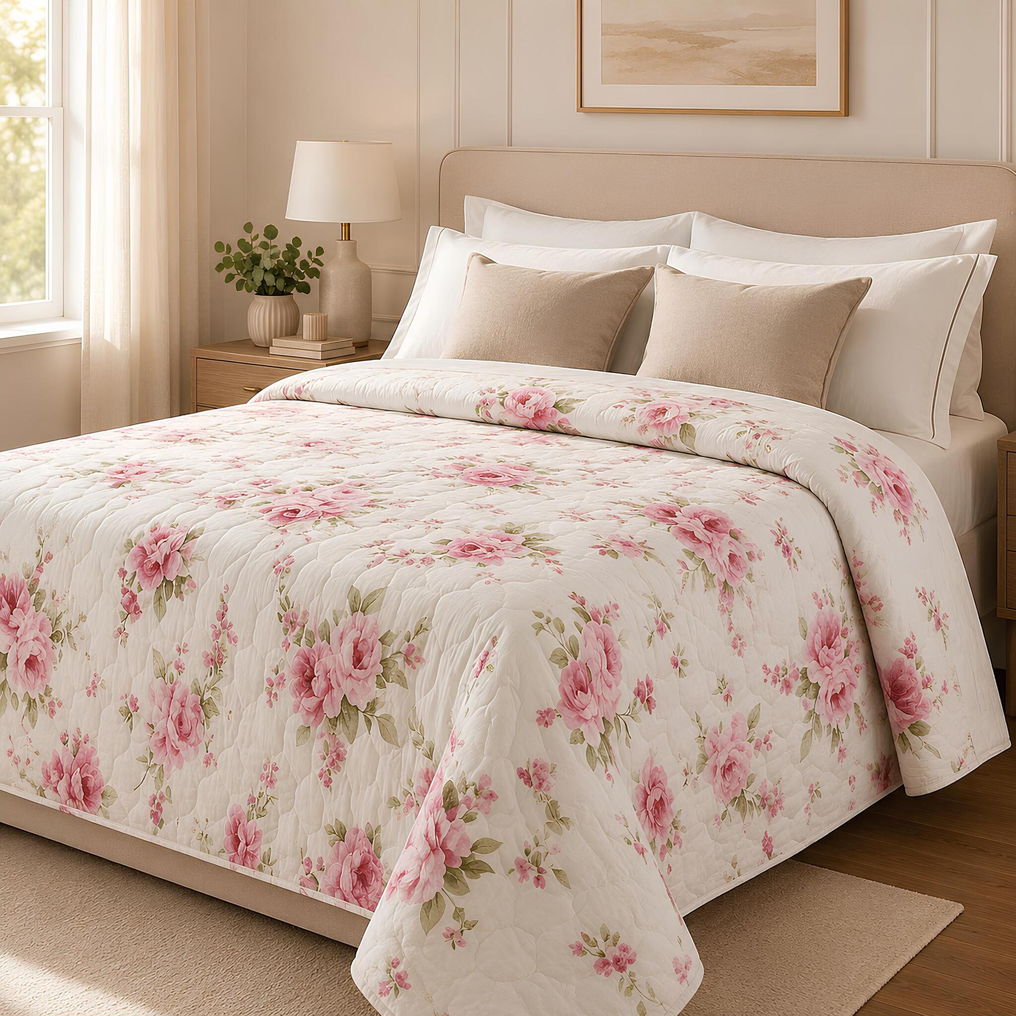 Trapunta matrimoniale Zambaiti Heavy 260x260 cm in 100% cotone colore Panna con stampa floreale