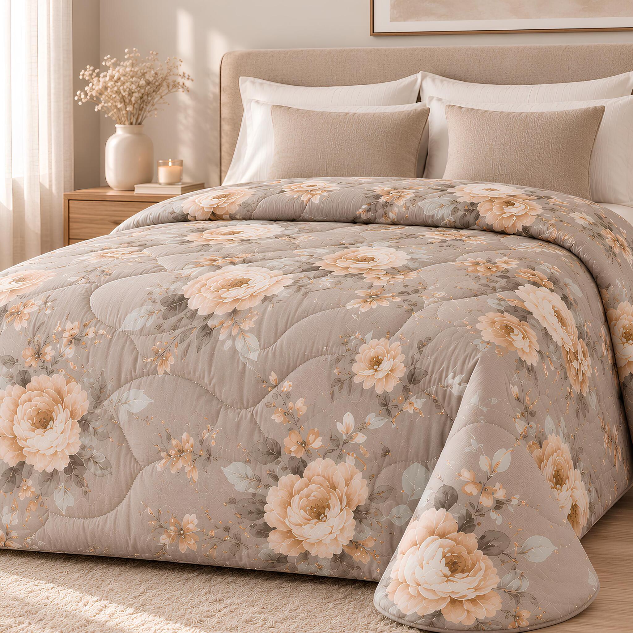 Trapunta matrimoniale Zambaiti Heavy 260x260 cm colore Tortora con elegante fantasia floreale