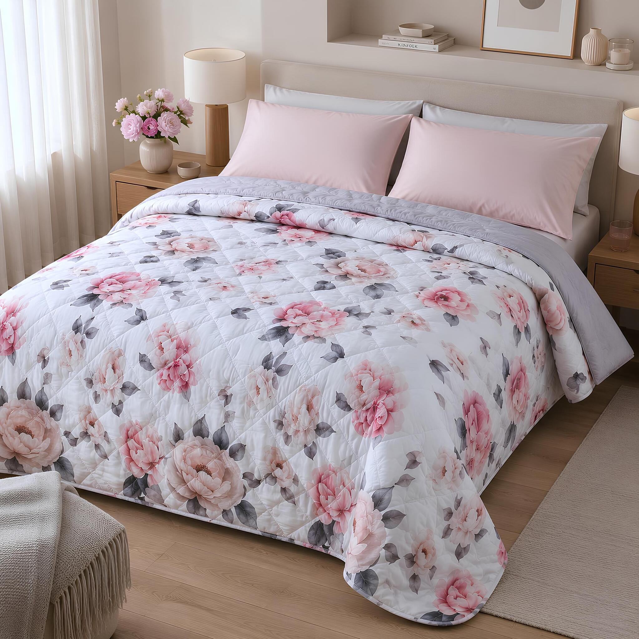 Trapunta matrimoniale Zambaiti Merida 4066 260x260 cm in microfibra con stampa floreale rosa su fondo ghiaccio
