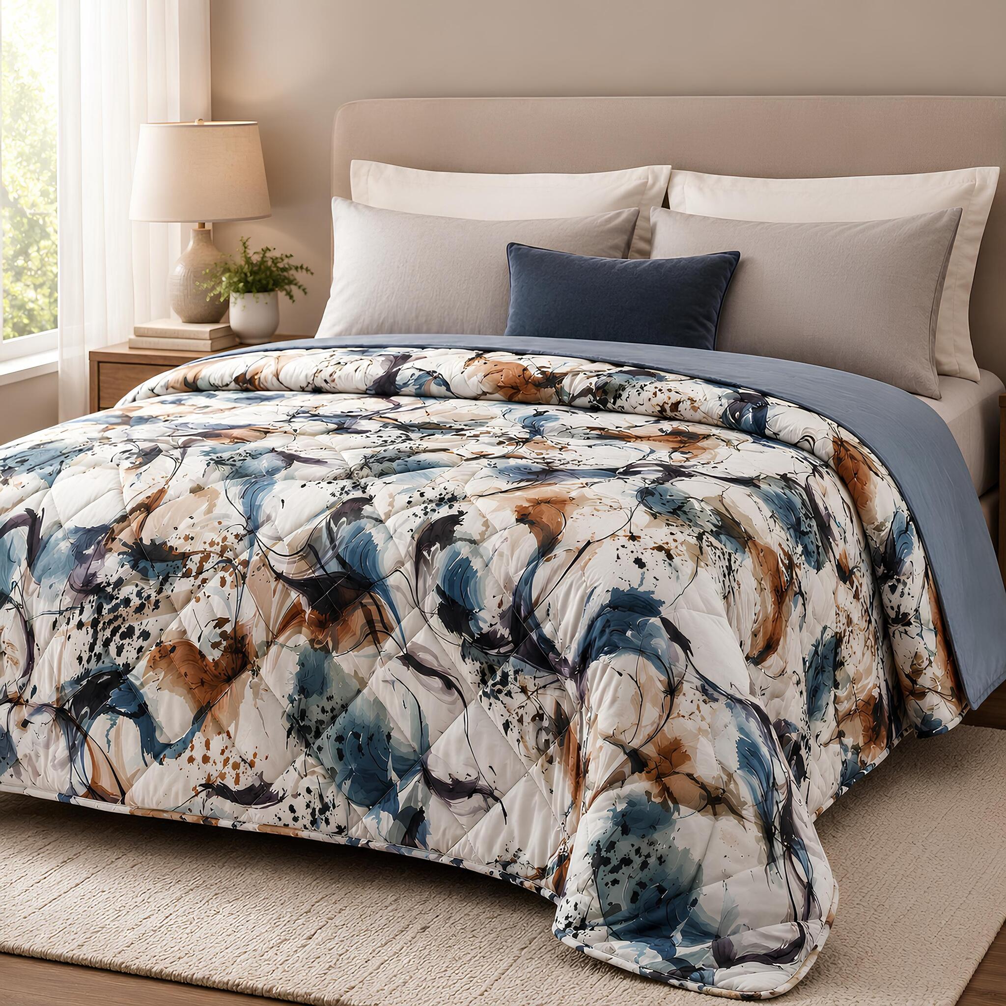 Trapunta matrimoniale Zambaiti Merida 4067 da 260x260 cm in morbida microfibra Made in Italy con fantasia astratta nei toni blu e marrone