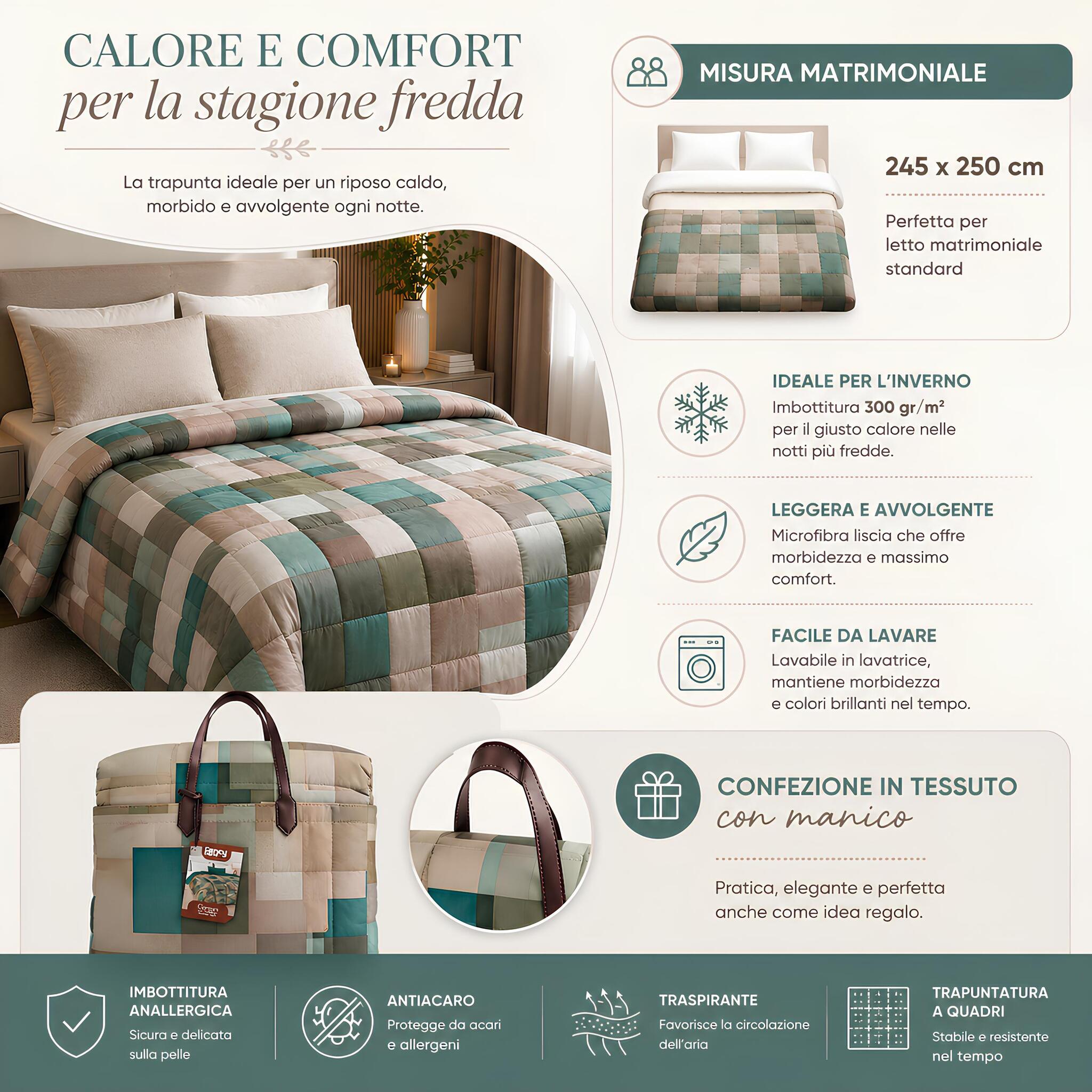 Trapunta Fancy Home Corvara 3 ideale per inverno con microfibra liscia e imbottitura da 300 g/m²