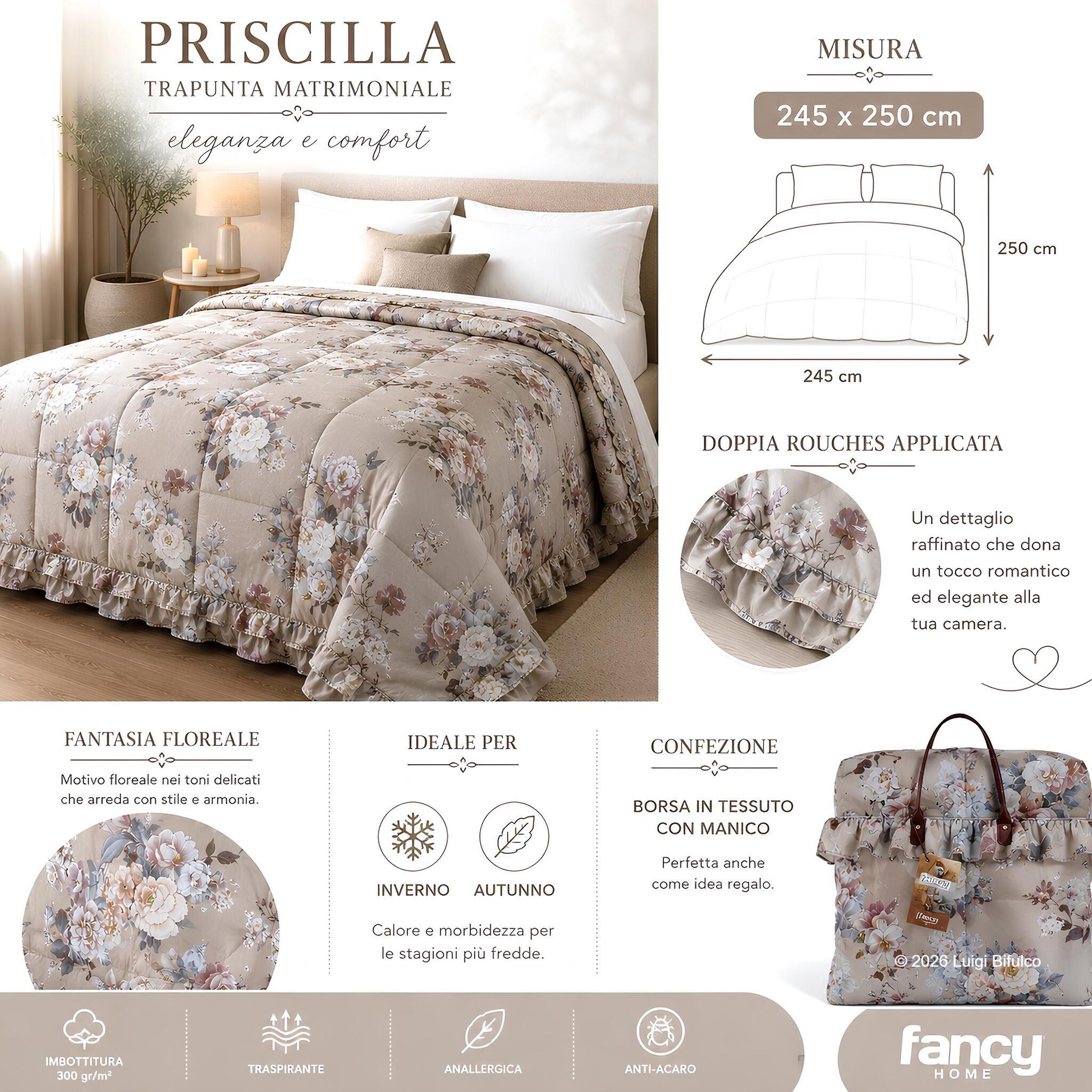 Trapunta matrimoniale Fancy Home Priscilla Tortora 245x250 cm con confezione in tessuto e dettaglio delle rouches