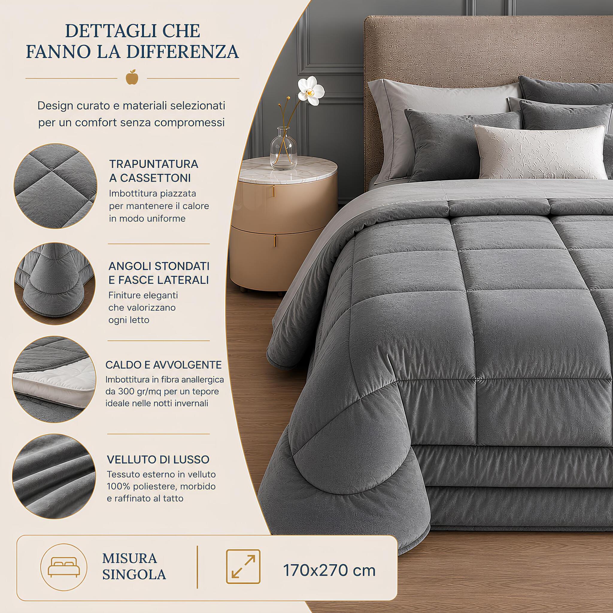 Dettagli della trapuntatura a cassettoni e degli angoli stondati della trapunta Buccia di Mela Quadro grigio