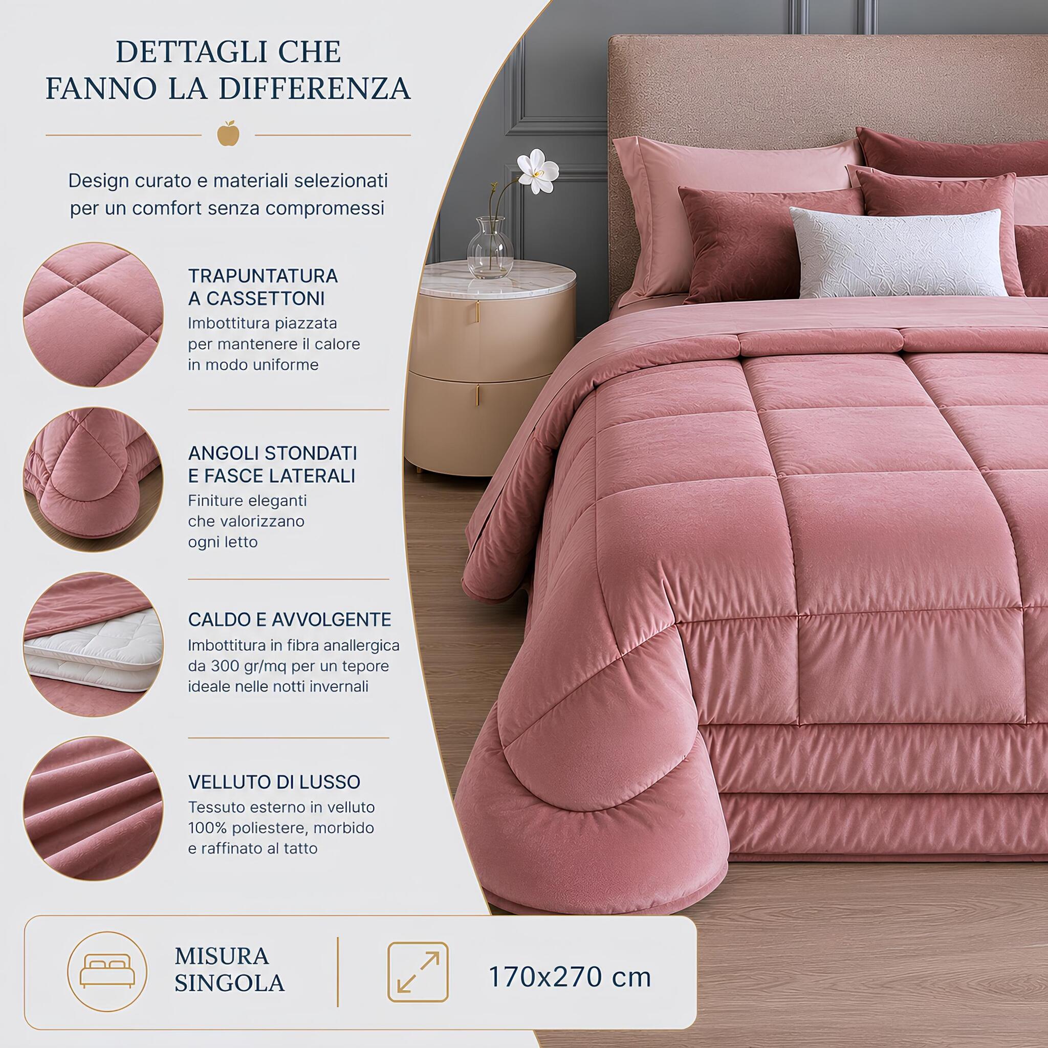 Dettagli della trapuntatura a cassettoni e degli angoli stondati della trapunta Buccia di Mela Quadro rosa antico