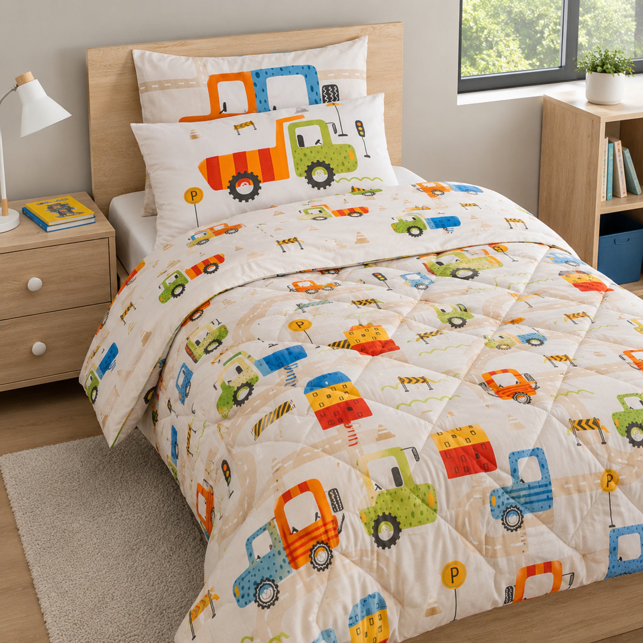 Trapunta singola Caleffi City Car beige con camion colorati e strade per bambini