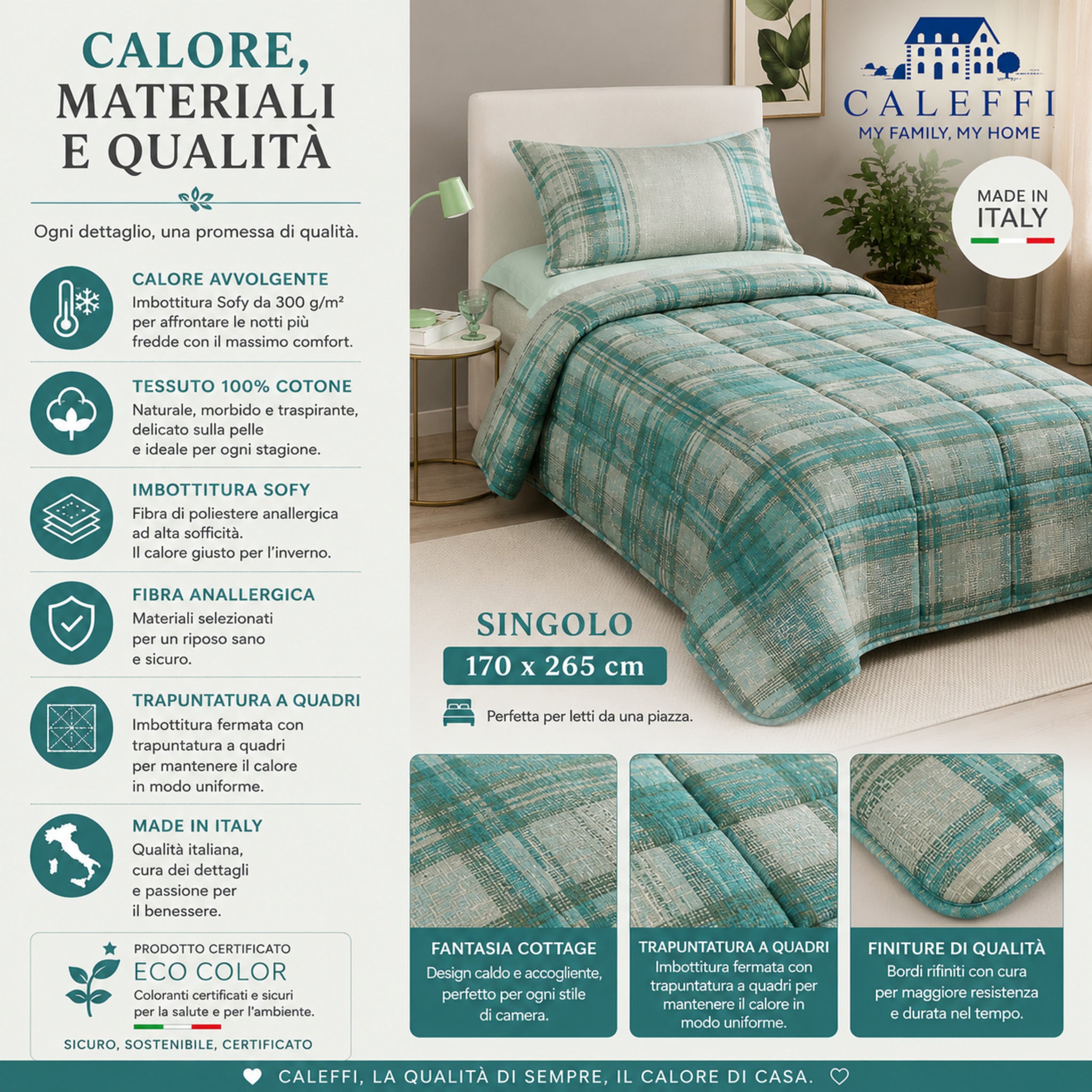 Misure della trapunta singola Caleffi Cottage 170x265 cm con dettagli tecnici del prodotto
