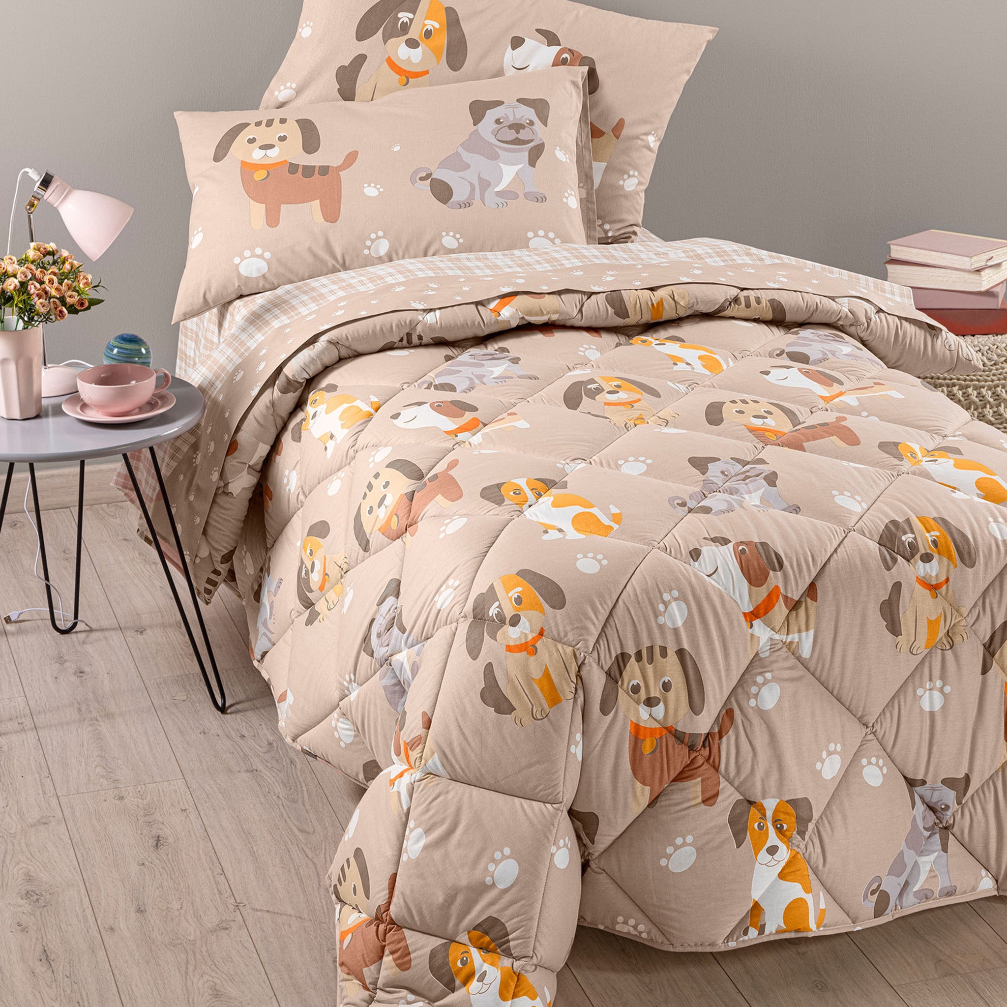 Trapunta singola Caleffi Cuccioli Naturale 165x265 cm in cotone con cagnolini