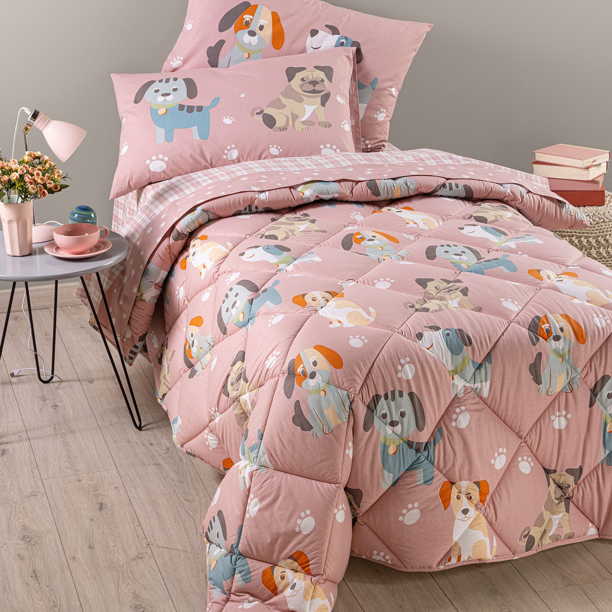 Trapunta singola Caleffi Cuccioli Rosa 165x265 cm in cotone con cagnolini