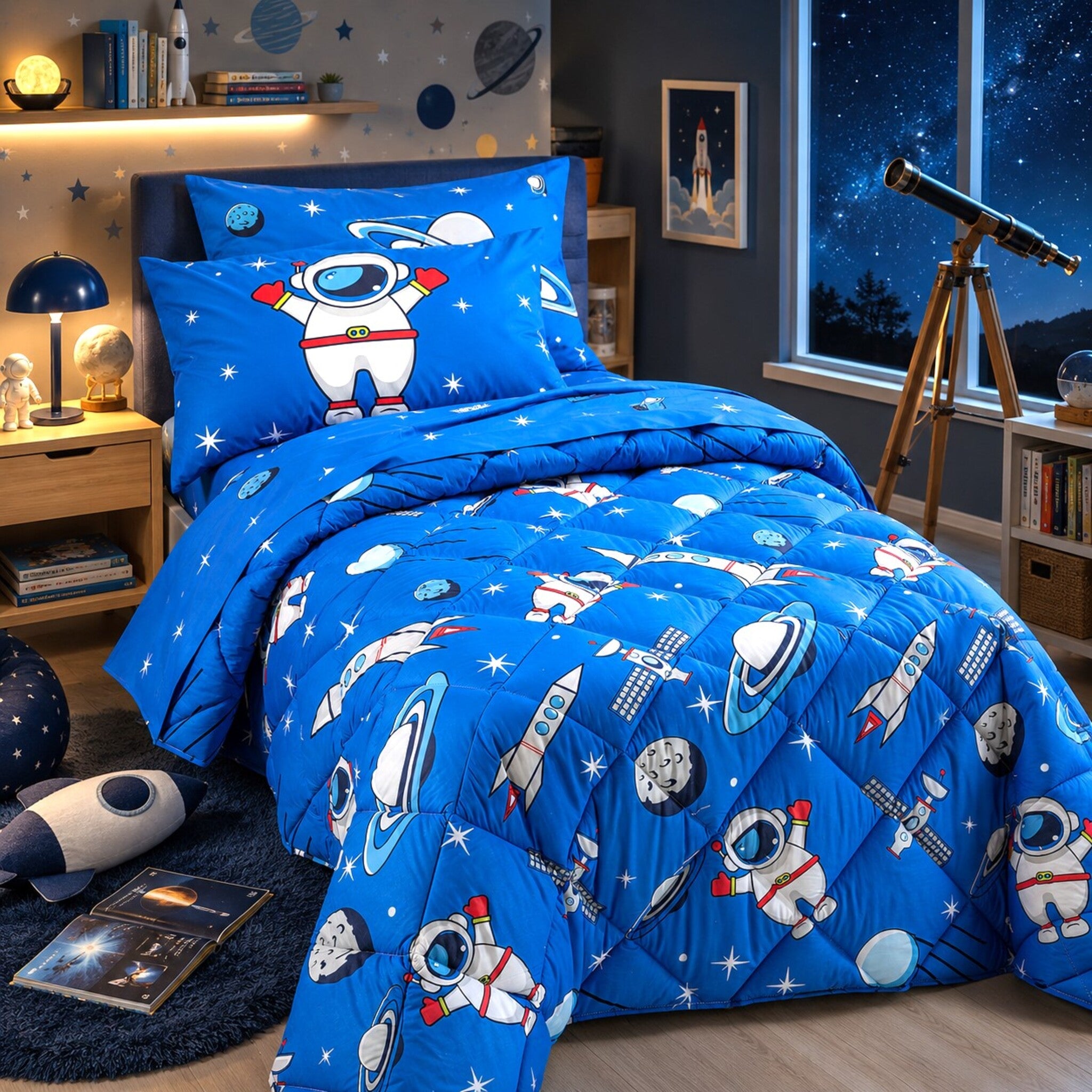 Trapunta singola Caleffi Spazio blu con astronauti razzi pianeti e stelle per bambini