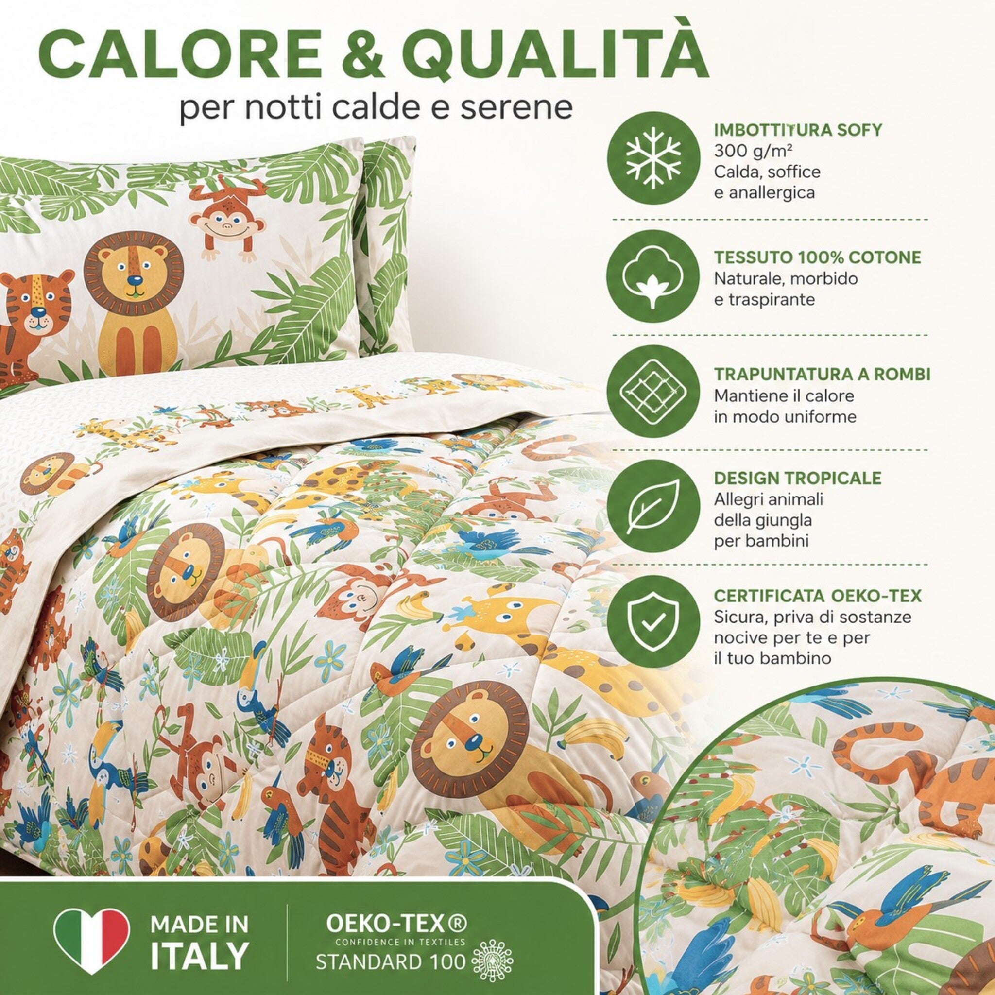 Caratteristiche della trapunta invernale singola Caleffi Tropical con imbottitura Sofy 300 g e tessuto 100% cotone