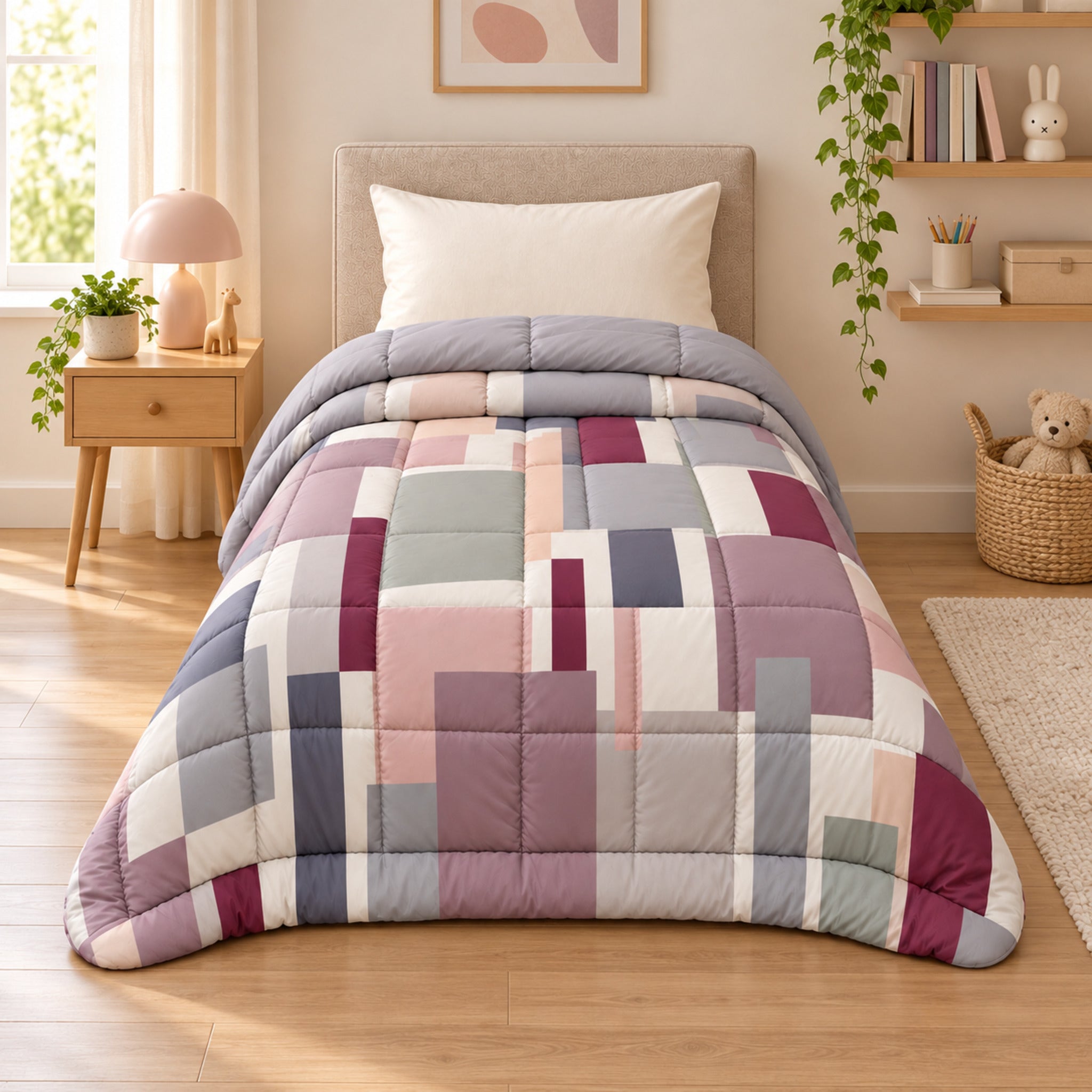 Trapunta singola Cogal 2605 Malva sul letto, con fantasia geometrica rosa e grigia e risvolto tinta unita.