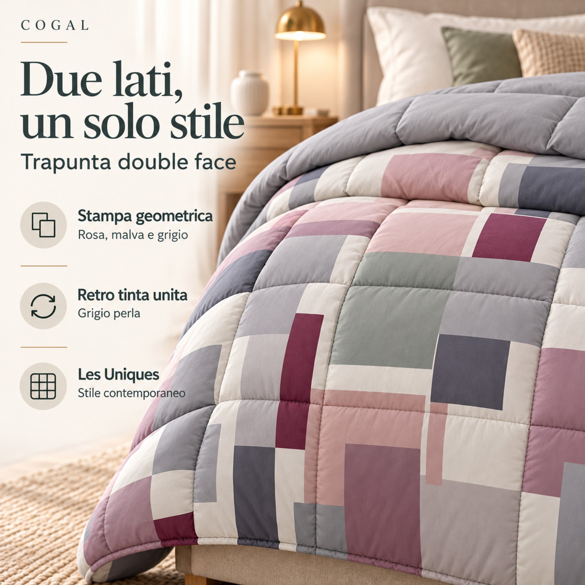 Dettaglio della trapunta Cogal 2605 Malva con blocchi geometrici rosa, malva e grigi e retro grigio chiaro.