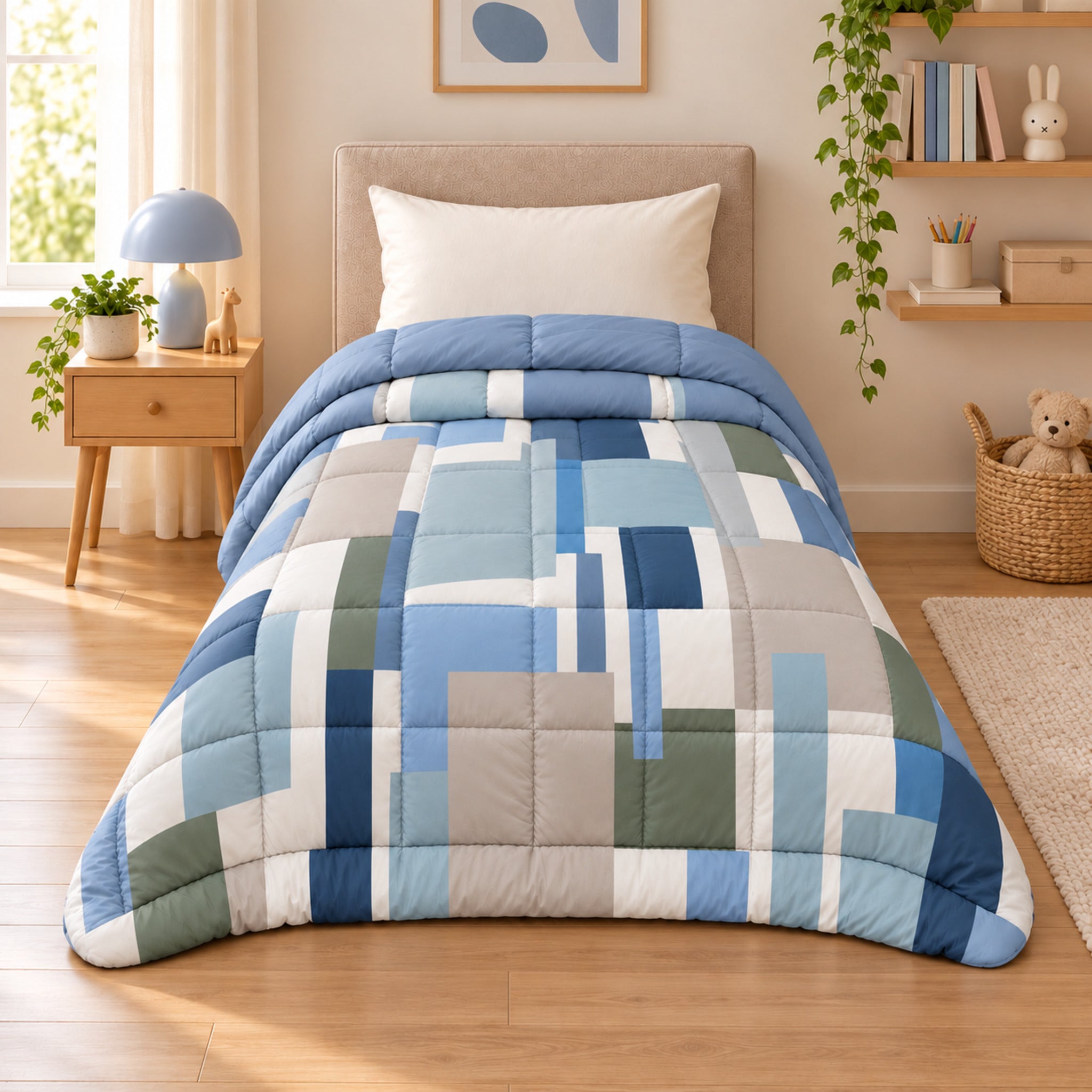 Trapunta singola Cogal 2605 Metal Blue sul letto, con geometrie blu, azzurre e verdi e retro blu tinta unita.