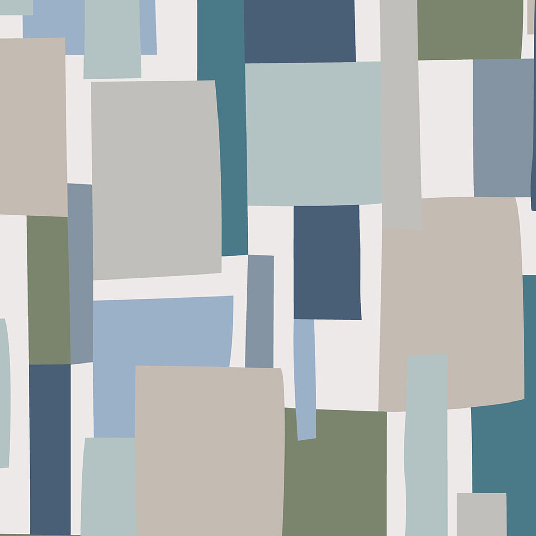 Dettaglio della stampa Metal Blue con blocchi geometrici blu, azzurri, verdi, grigi e beige su fondo chiaro.