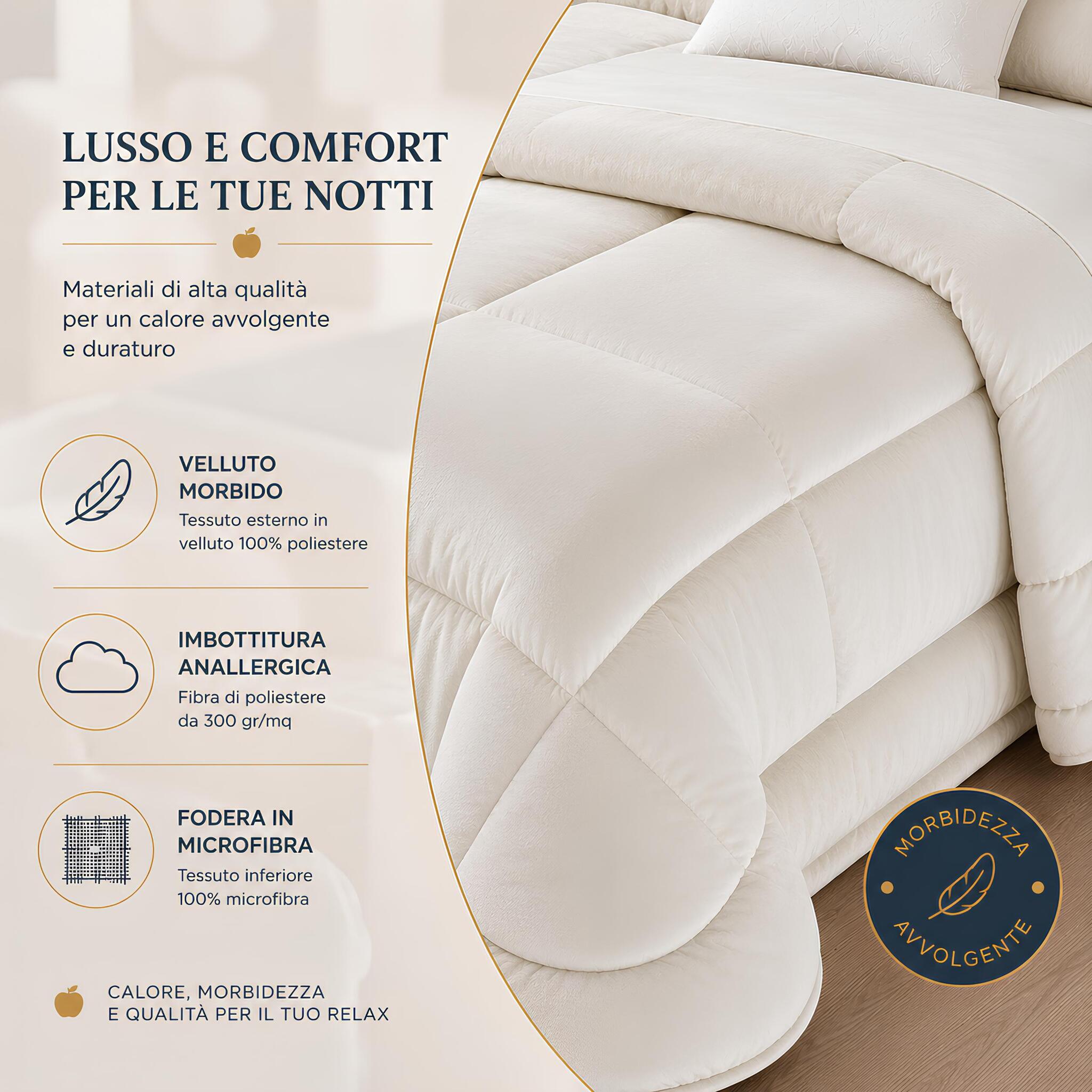 Dettaglio dei materiali della trapunta in velluto Buccia di Mela Quadro con imbottitura anallergica da 300 g/m² beige