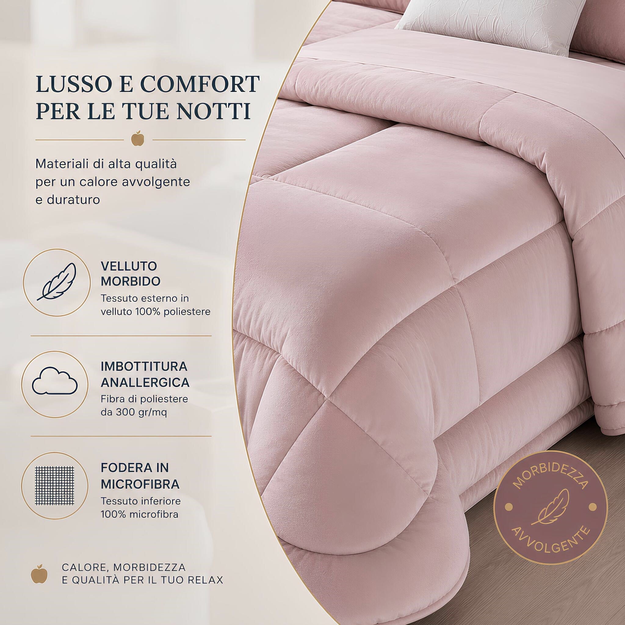 Dettaglio dei materiali della trapunta in velluto Buccia di Mela Quadro con imbottitura anallergica da 300 g/m² rosa cipria