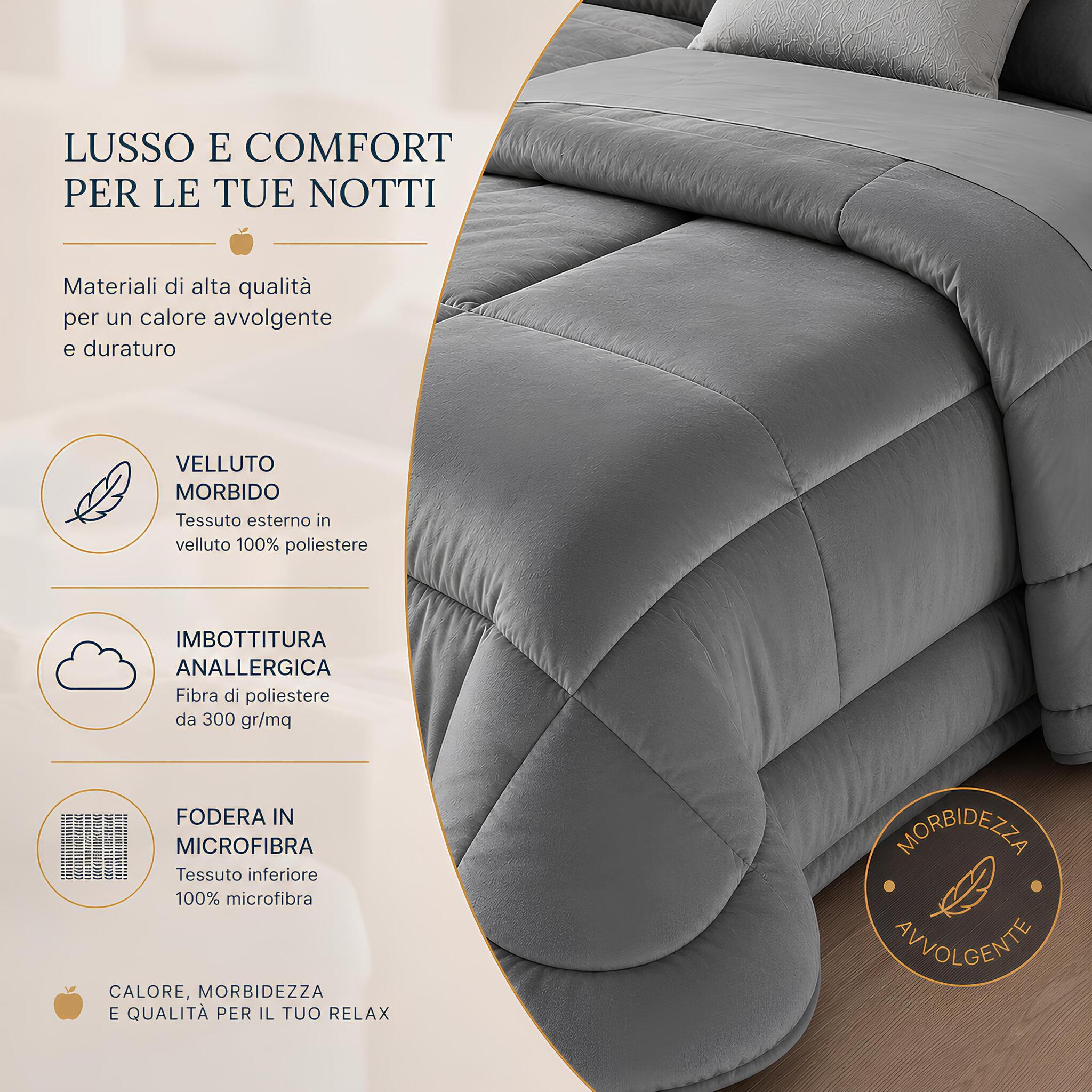 Dettaglio dei materiali della trapunta in velluto Buccia di Mela Quadro con imbottitura anallergica da 300 g/m² grigio
