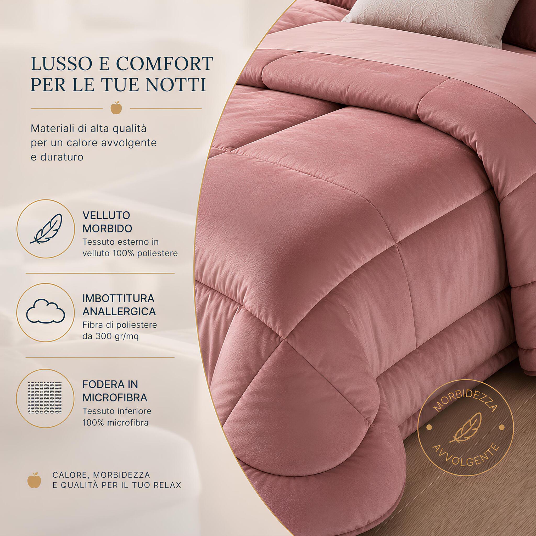 Dettaglio dei materiali della trapunta in velluto Buccia di Mela Quadro con imbottitura anallergica da 300 g/m² rosa antico