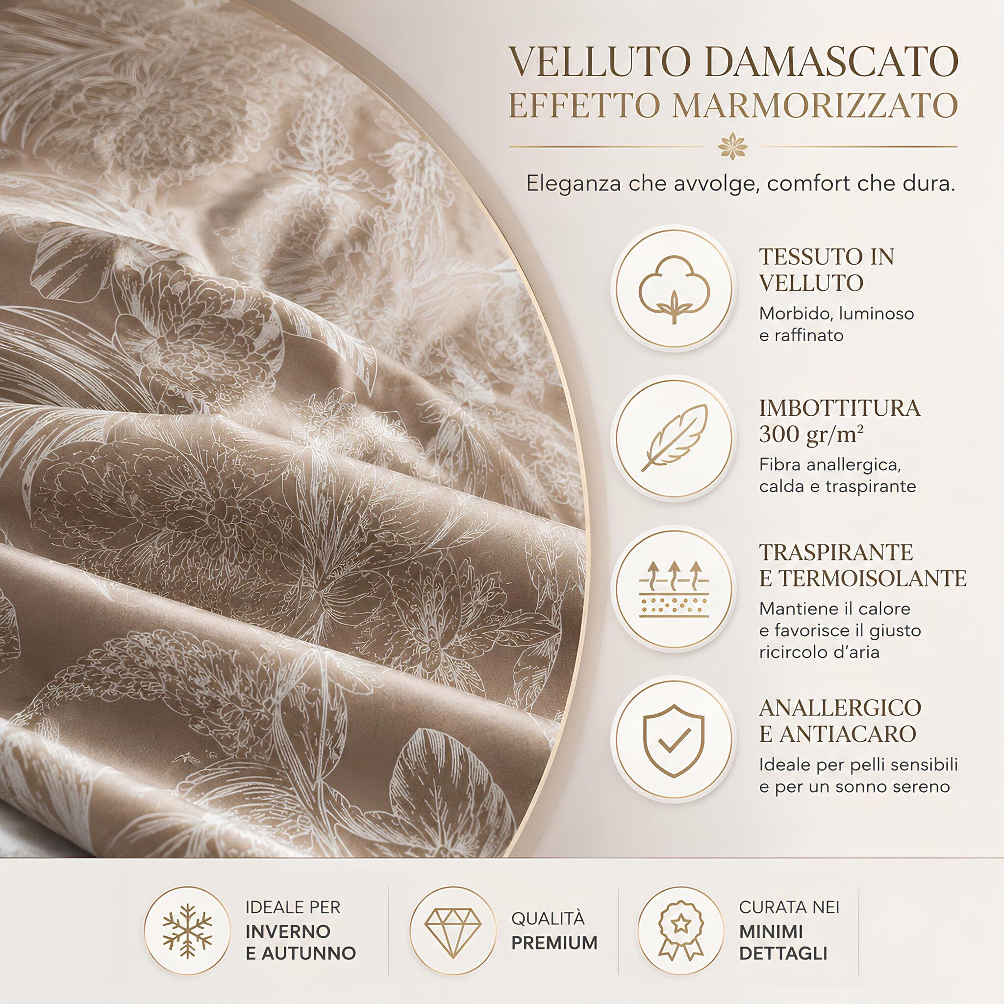 Trapunta Fancy Home Austria Beige in velluto con imbottitura anallergica 300 g/m² e tessuto damascato