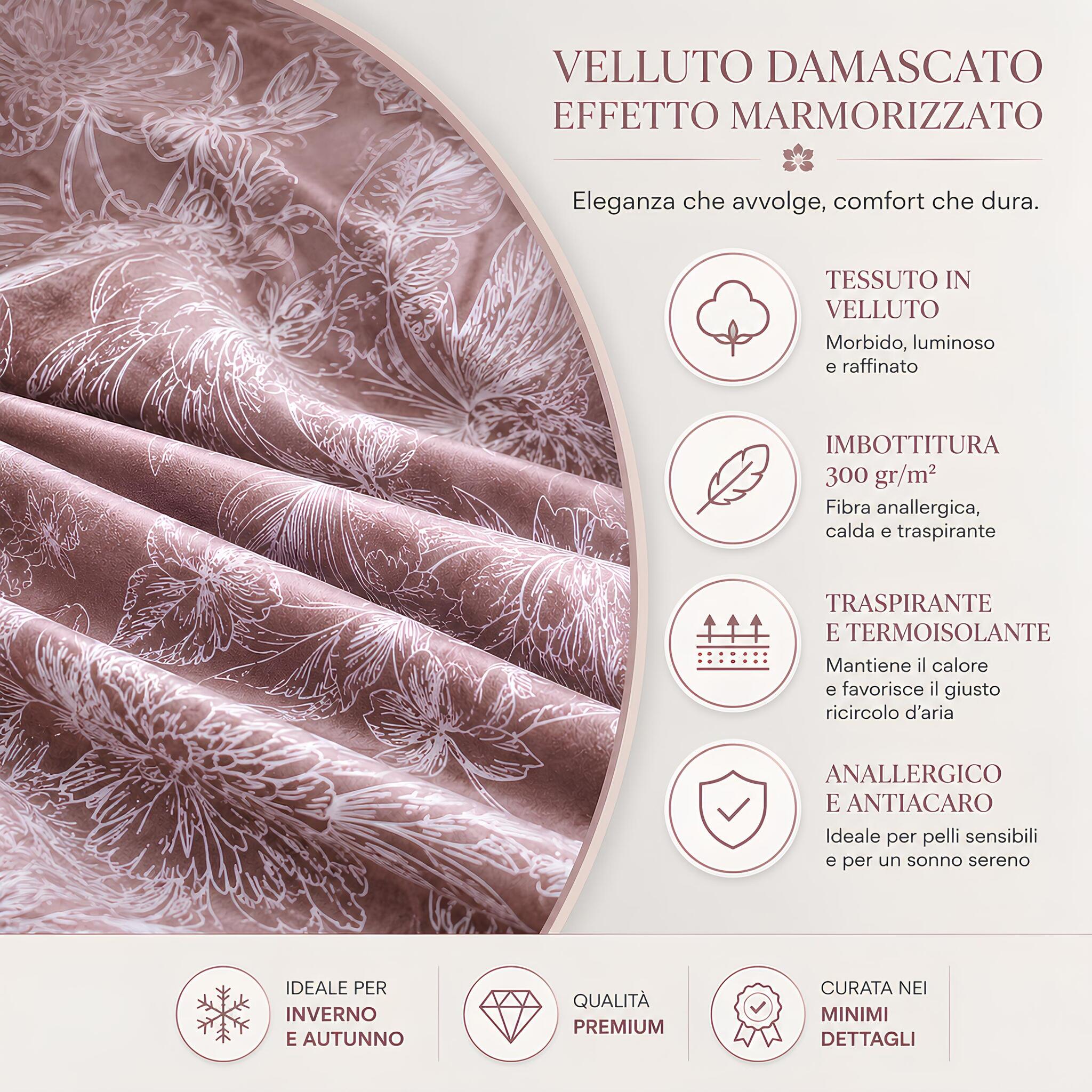 Trapunta Fancy Home Austria Rosa Antico con velluto damascato e imbottitura 300 g/m²