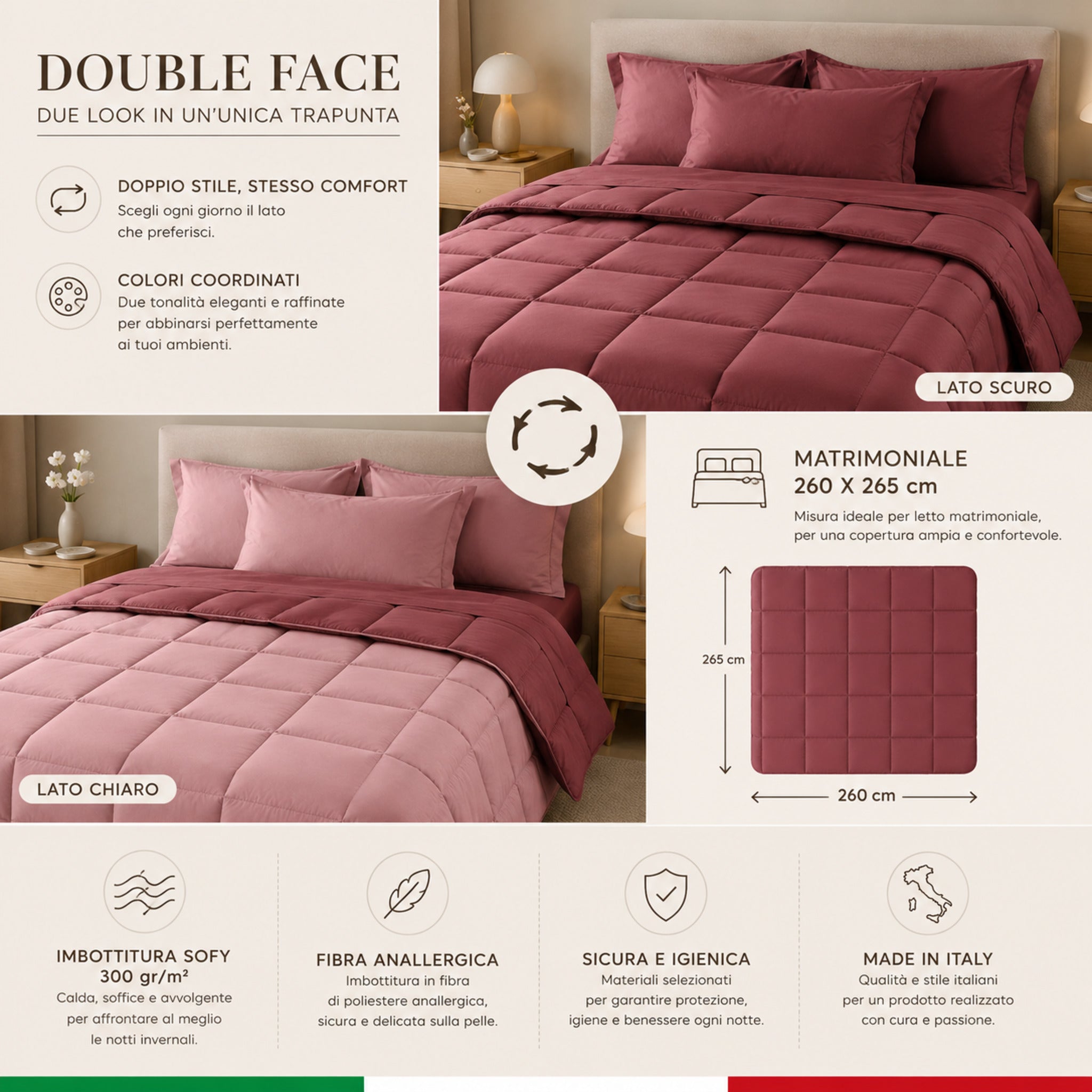 Trapunta matrimoniale Caleffi Vita double face misura 260x265 centimetri bordeaux