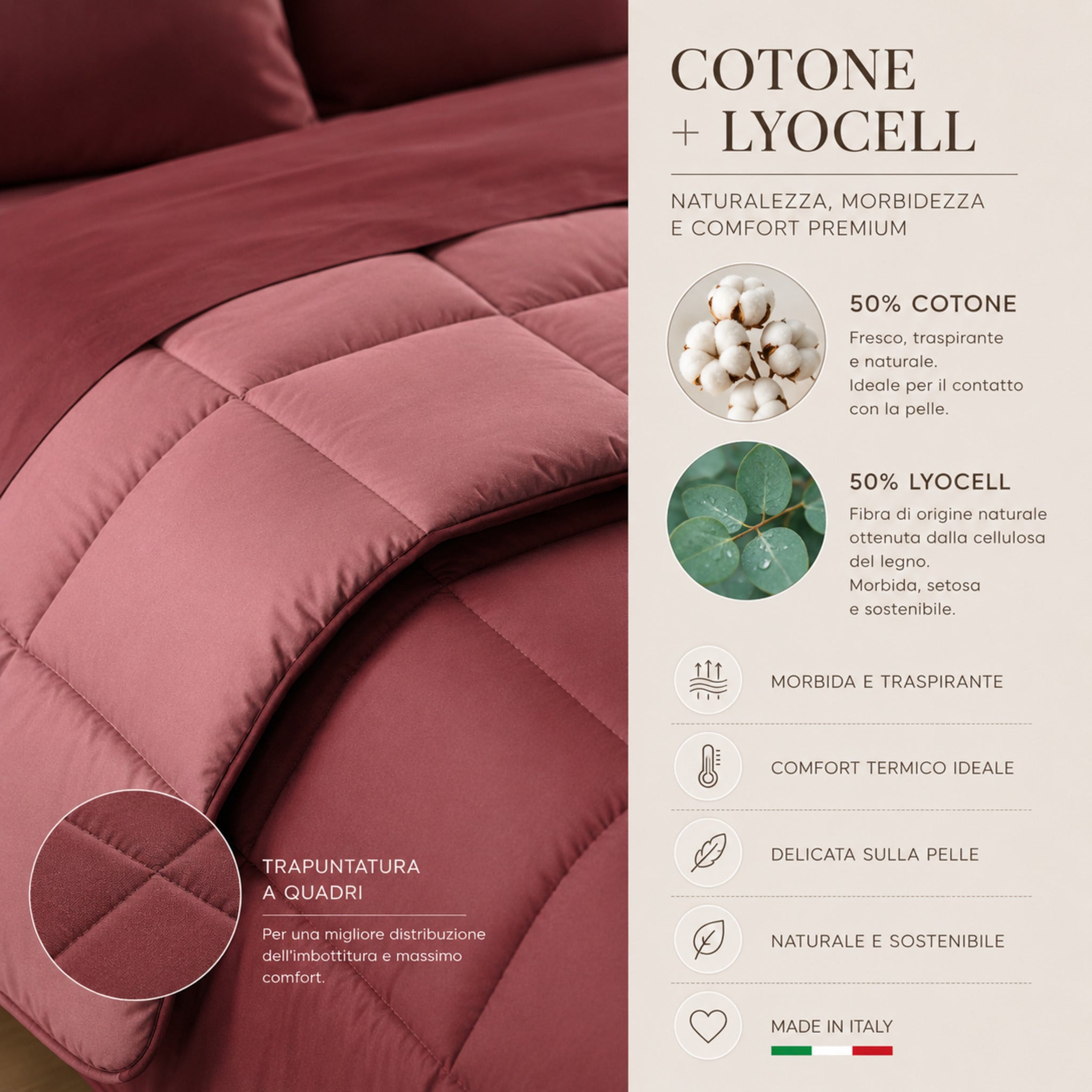 Dettaglio tessuto trapunta Caleffi Vita in cotone e lyocell con imbottitura Sofy bordeaux