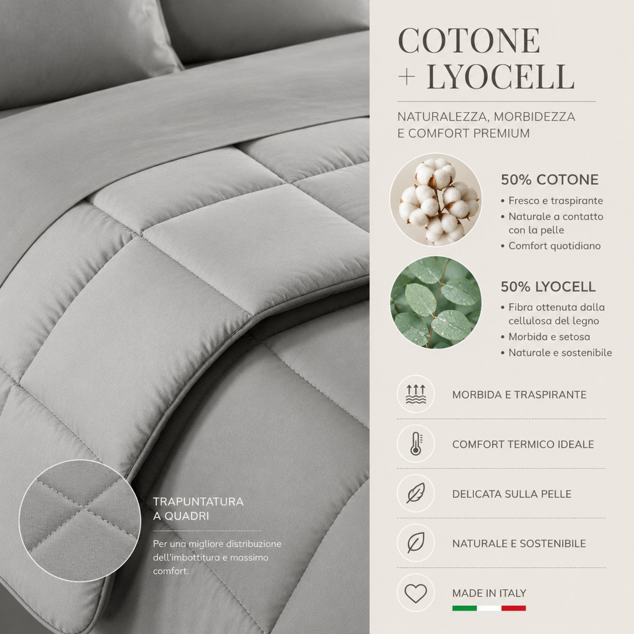 Dettaglio tessuto trapunta Caleffi Vita in cotone e lyocell con imbottitura Sofy grigio