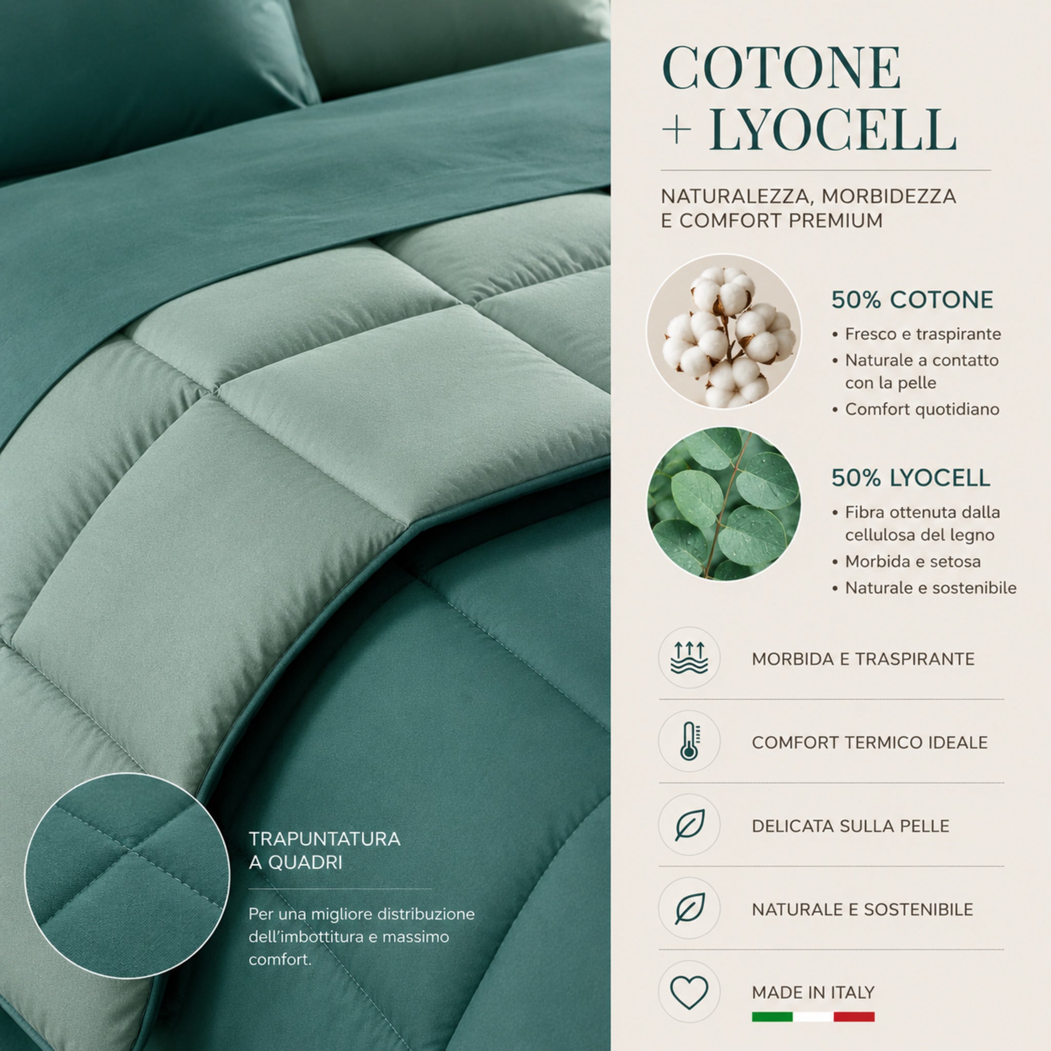 Dettaglio tessuto trapunta Caleffi Vita in cotone e lyocell con imbottitura Sofy pavone