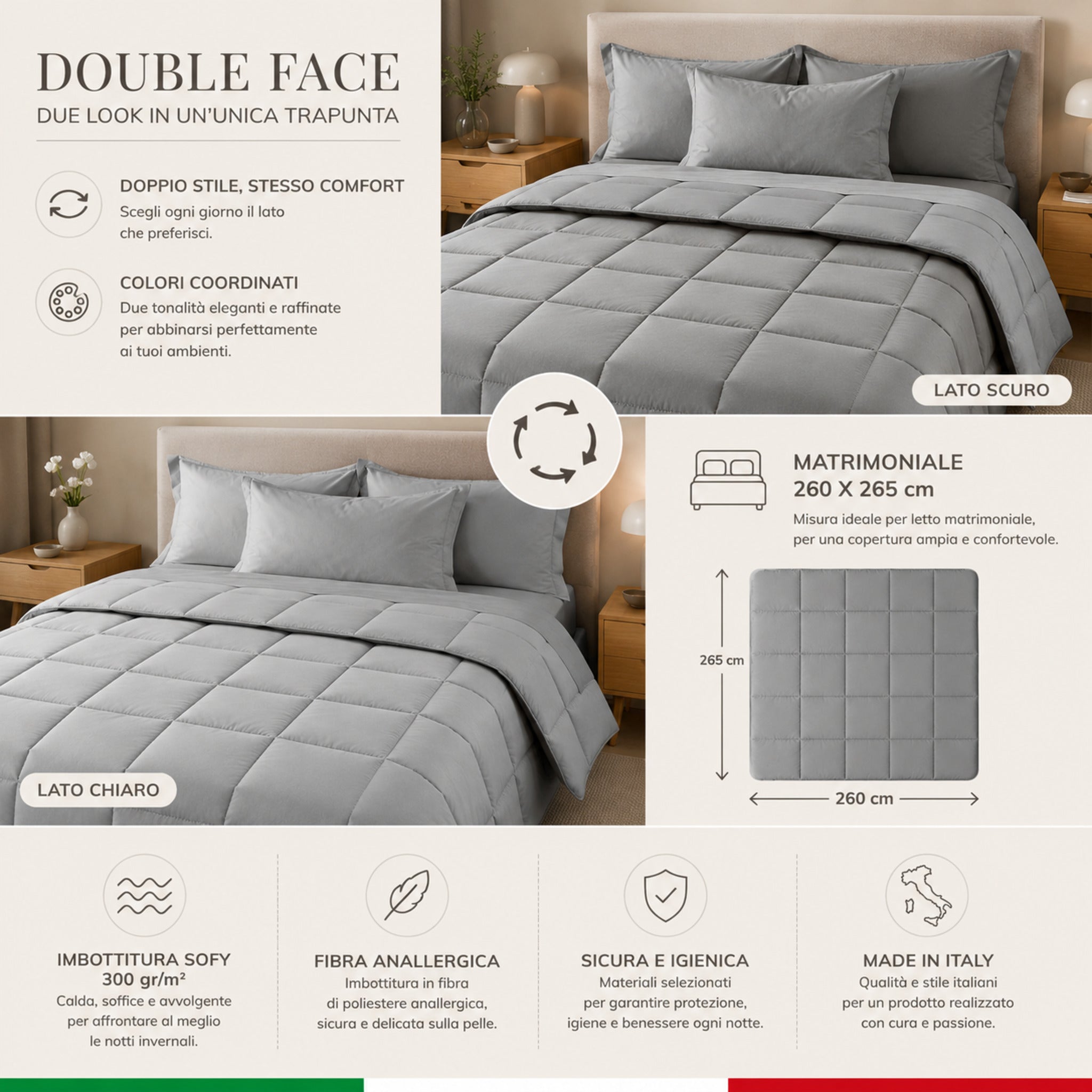 Trapunta matrimoniale Caleffi Vita double face misura 260x265 centimetri grigio