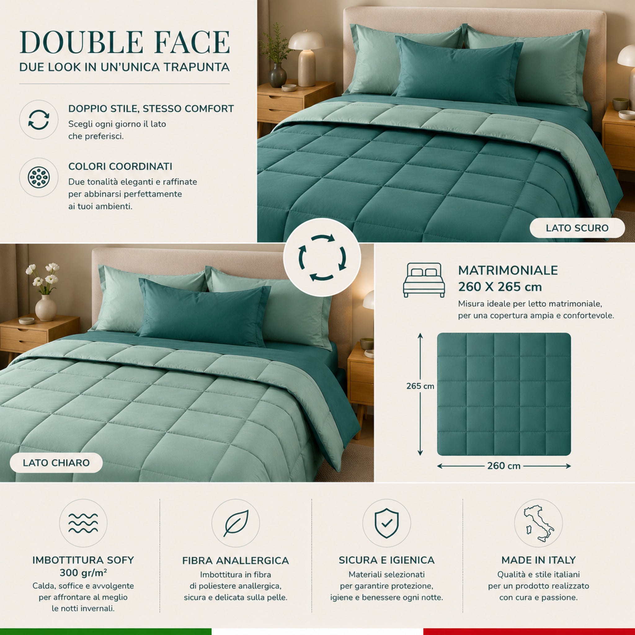 Trapunta matrimoniale Caleffi Vita double face misura 260x265 centimetri pavone