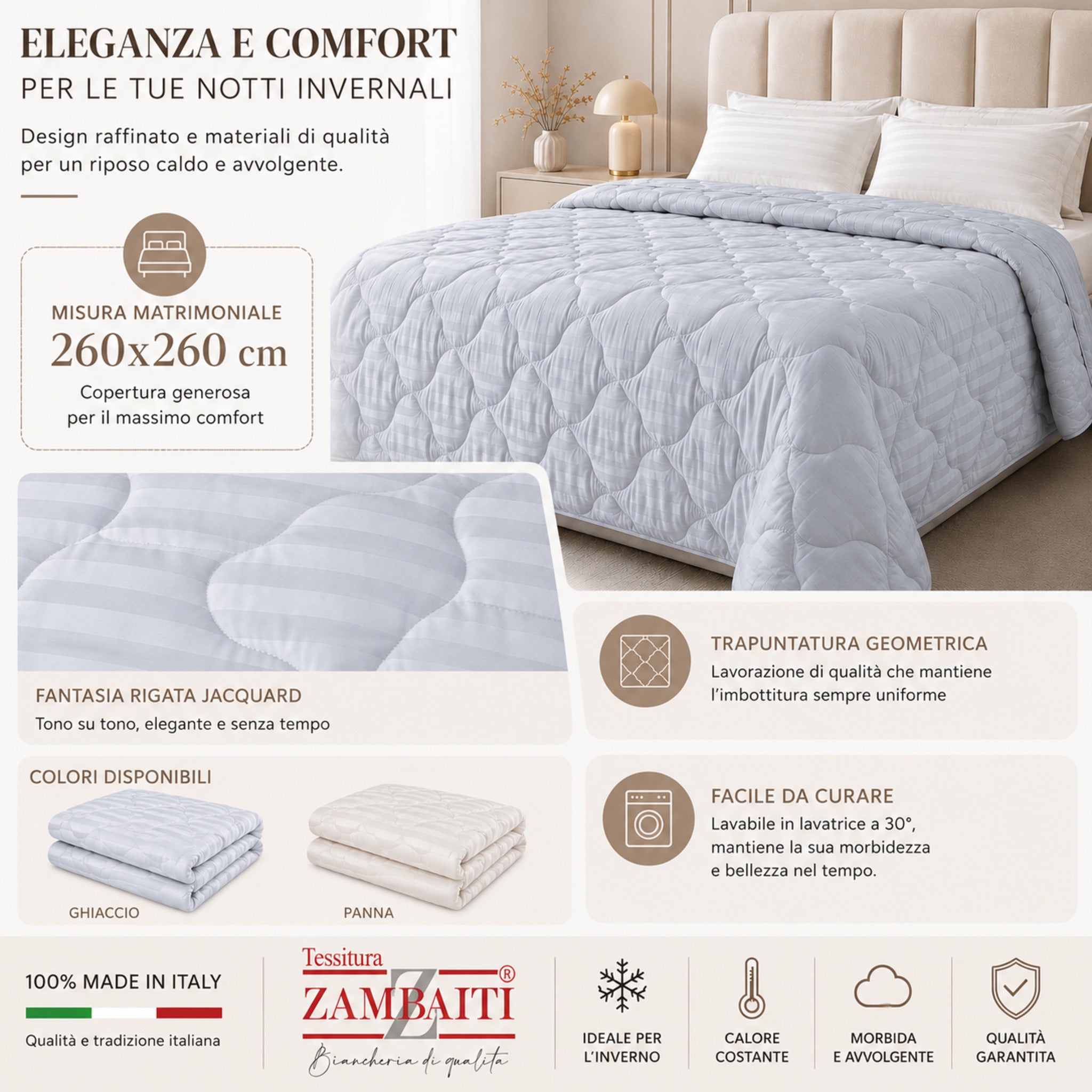 Trapunta matrimoniale Zambaiti Allure misura 260x260 cm Made in Italy ghiaccio