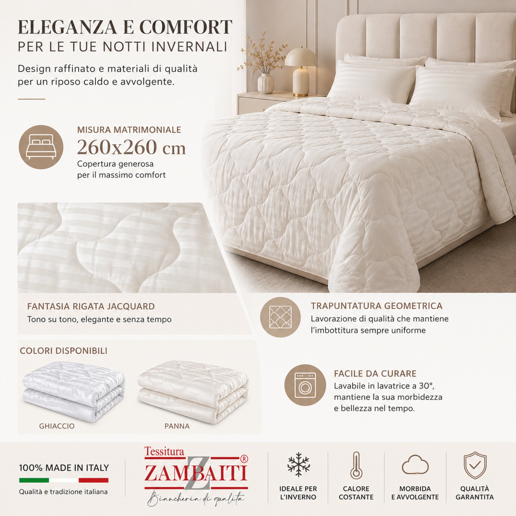 Trapunta matrimoniale Zambaiti Allure misura 260x260 cm Made in Italy anna