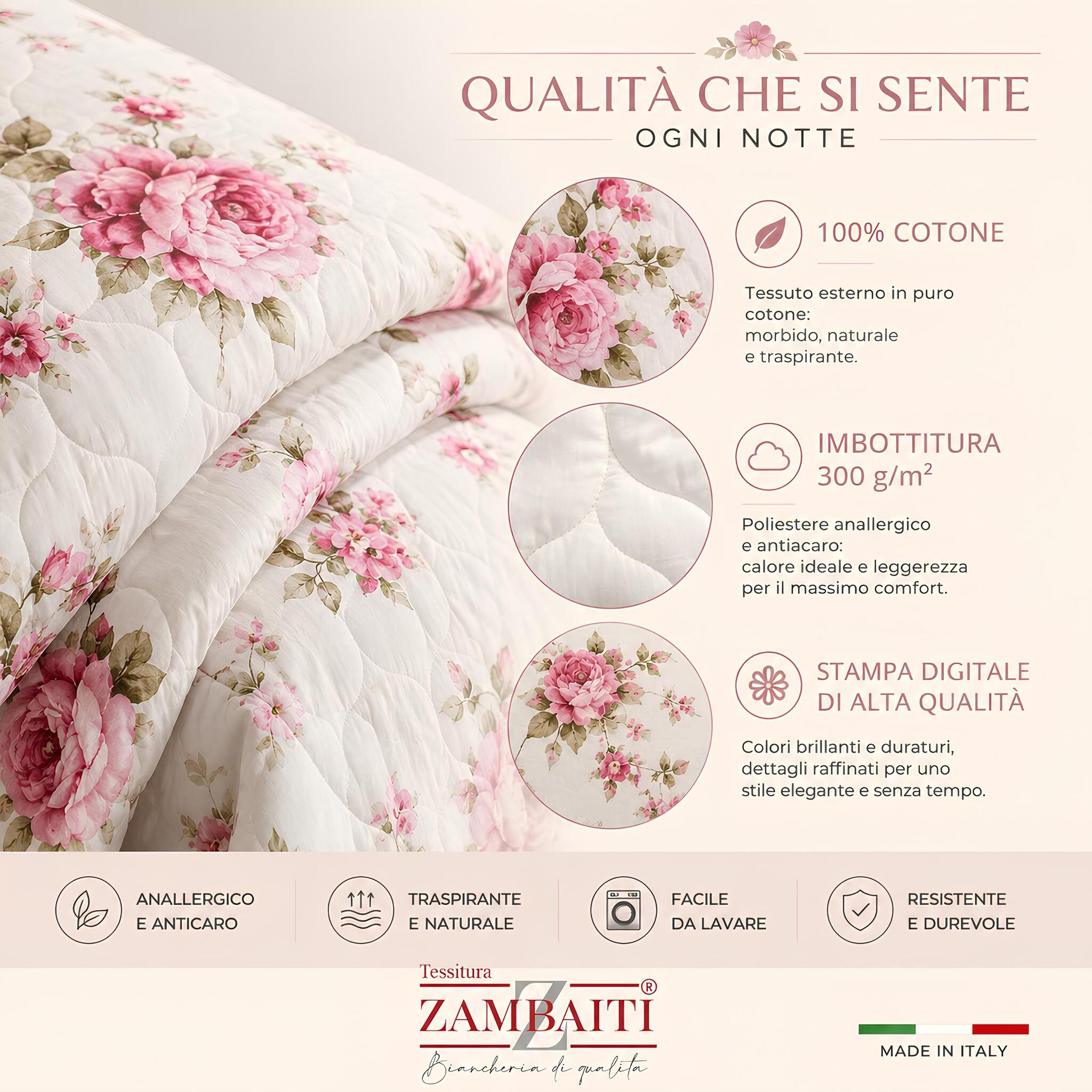 Infografica trapunta Zambaiti Heavy in puro cotone con imbottitura anallergica 300 g/m²