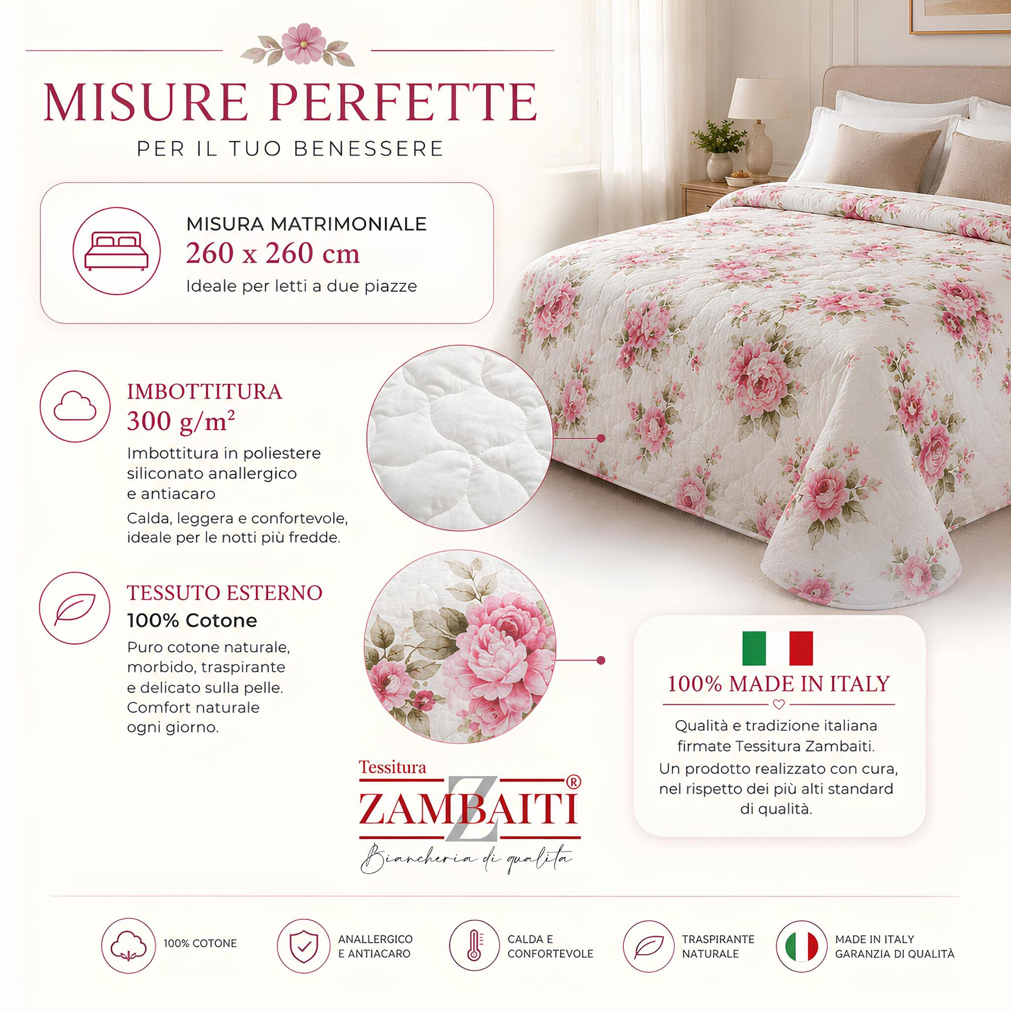 Infografica misure e caratteristiche trapunta matrimoniale Zambaiti Heavy 260x260 cm