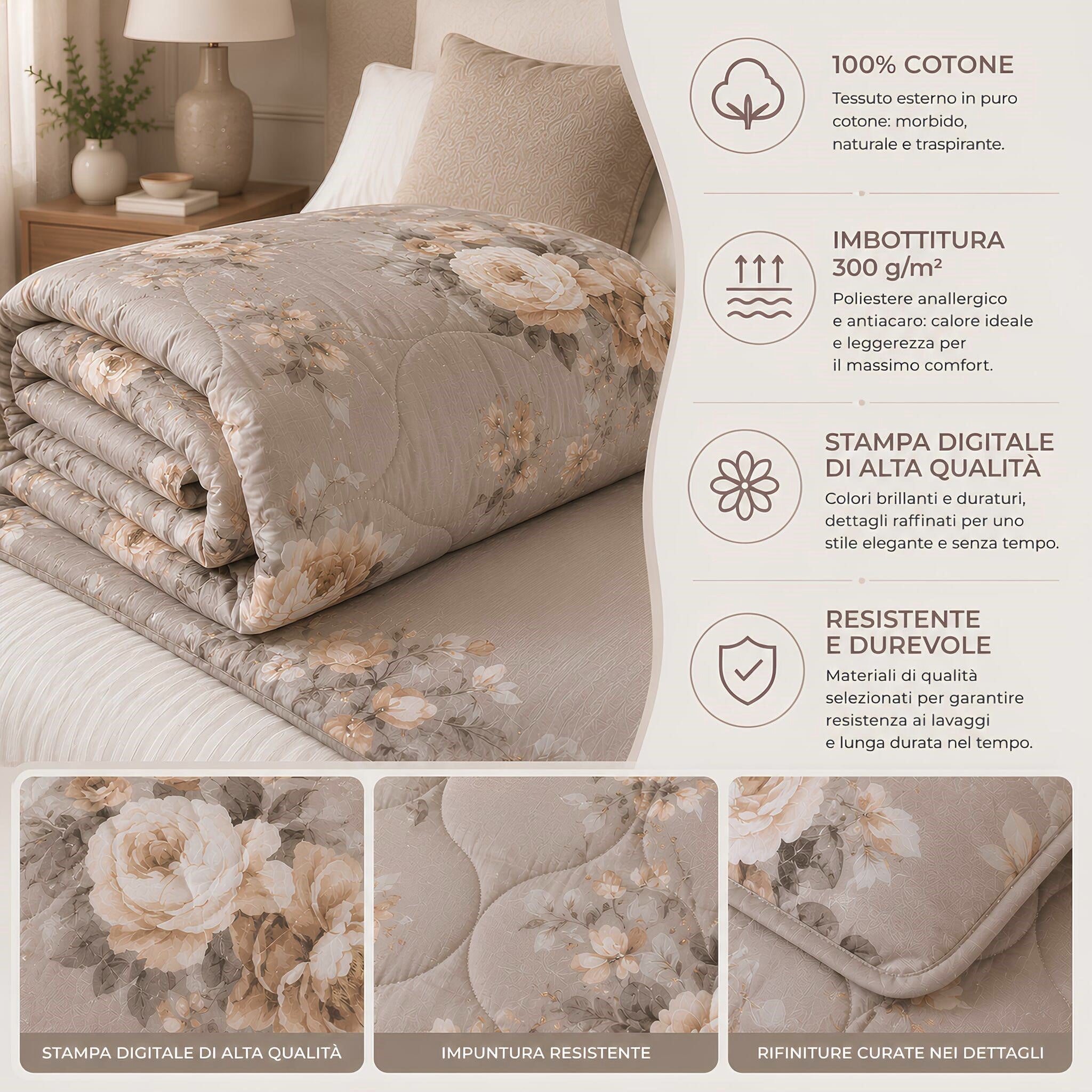 Infografica qualità trapunta Zambaiti Heavy Tortora in puro cotone Made in Italy