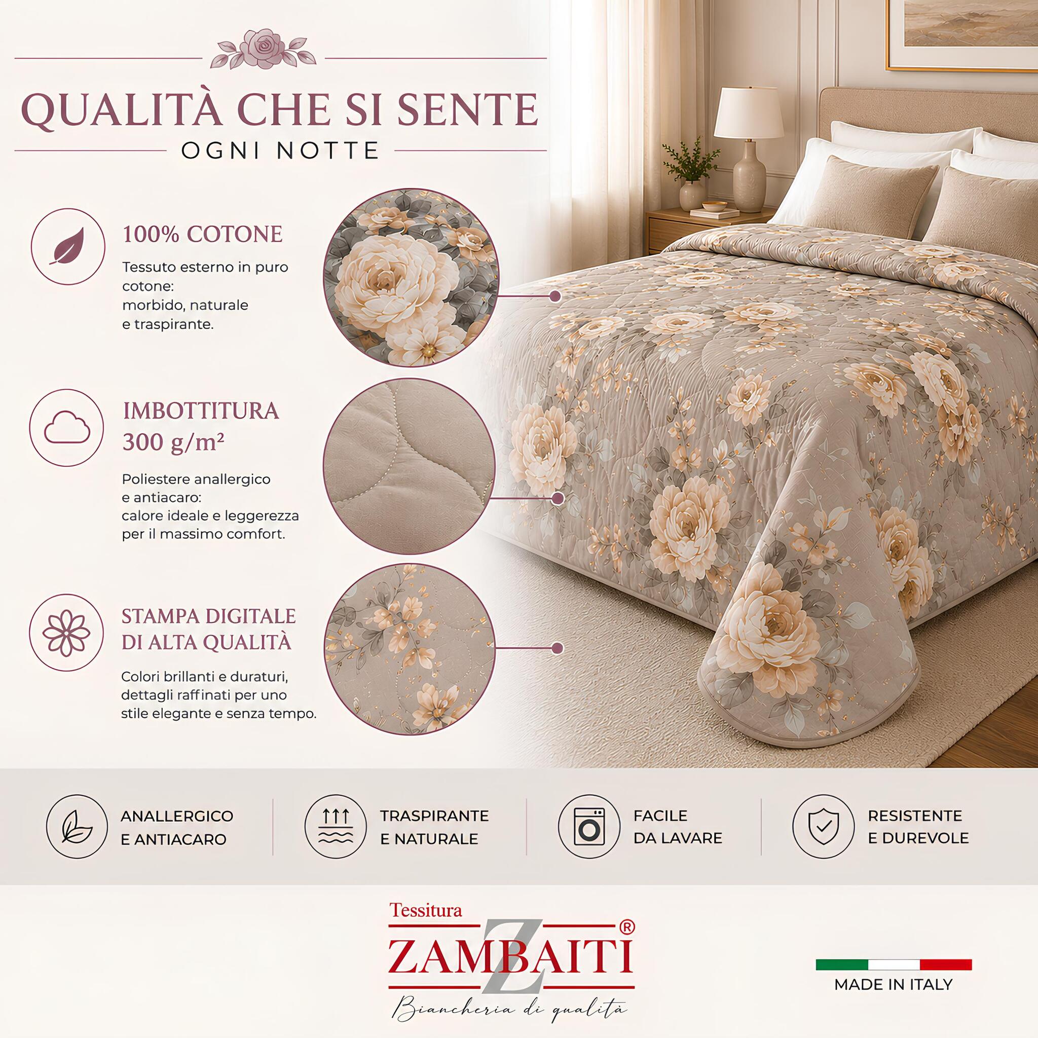 Infografica tecnica trapunta matrimoniale Zambaiti Heavy Tortora con imbottitura 300 g/m²