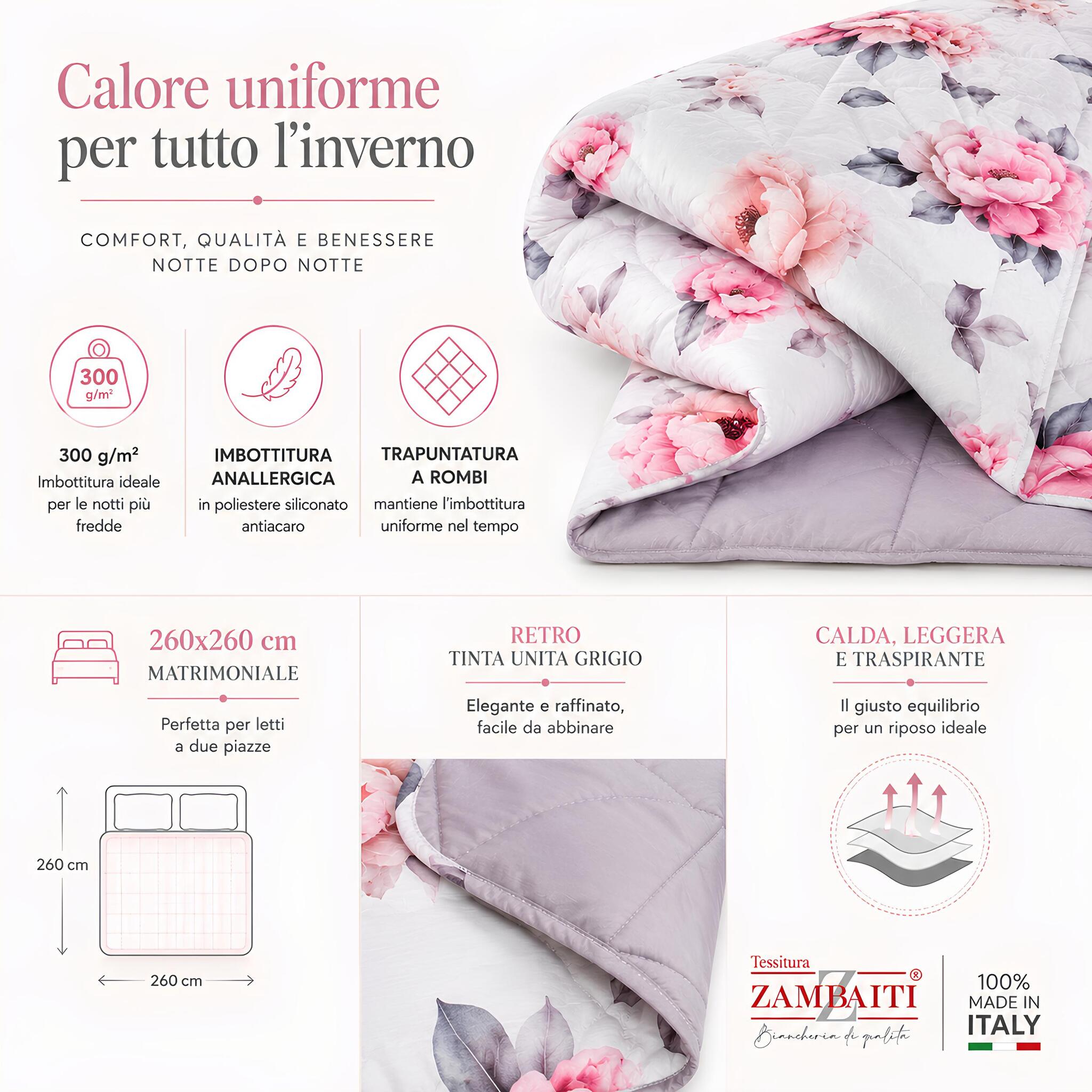 Infografica trapunta matrimoniale Zambaiti Merida 4066 260x260 cm con caratteristiche tecniche e misure