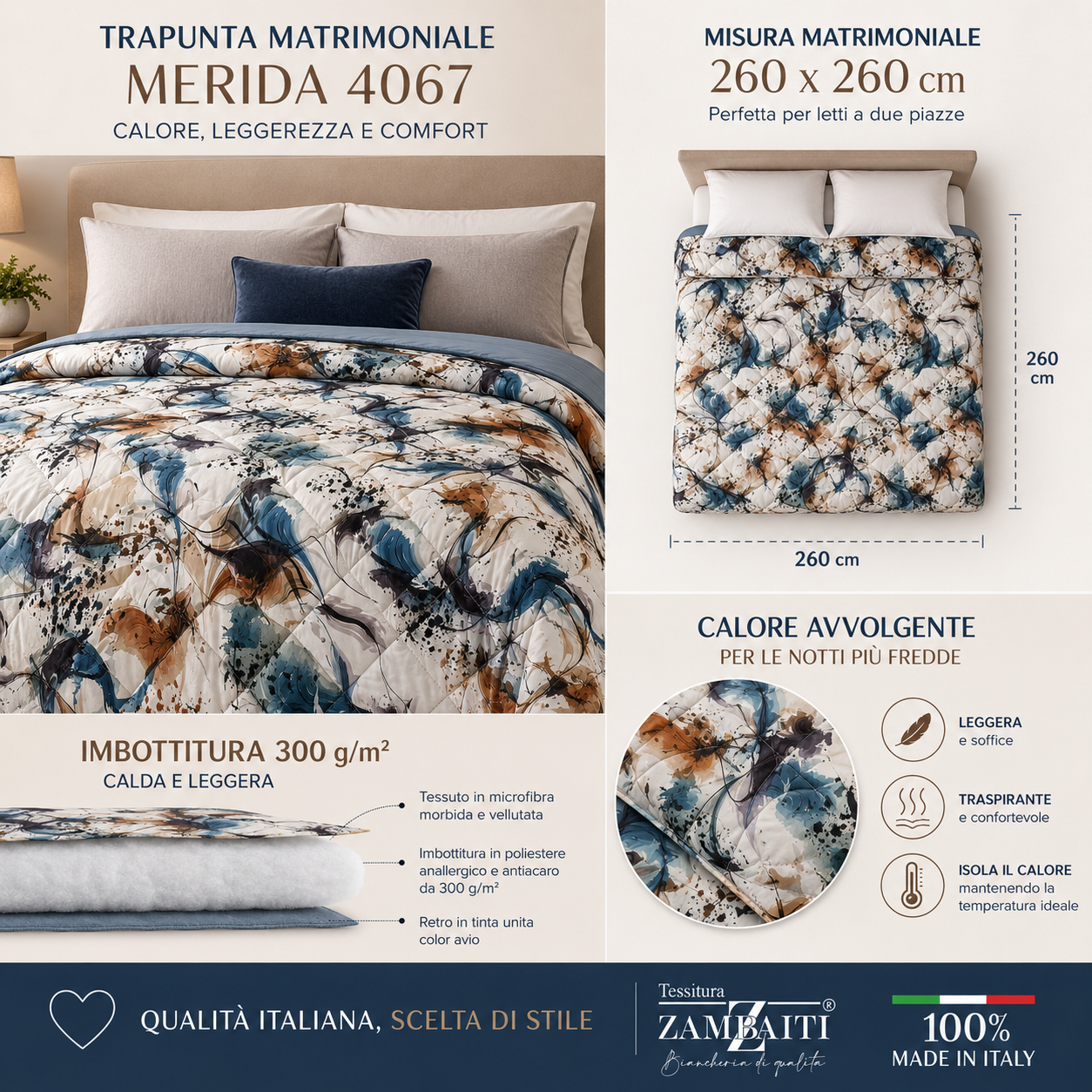 Trapunta matrimoniale Zambaiti Merida 4067 misura 260x260 cm con imbottitura calda e retro tinta unita avio