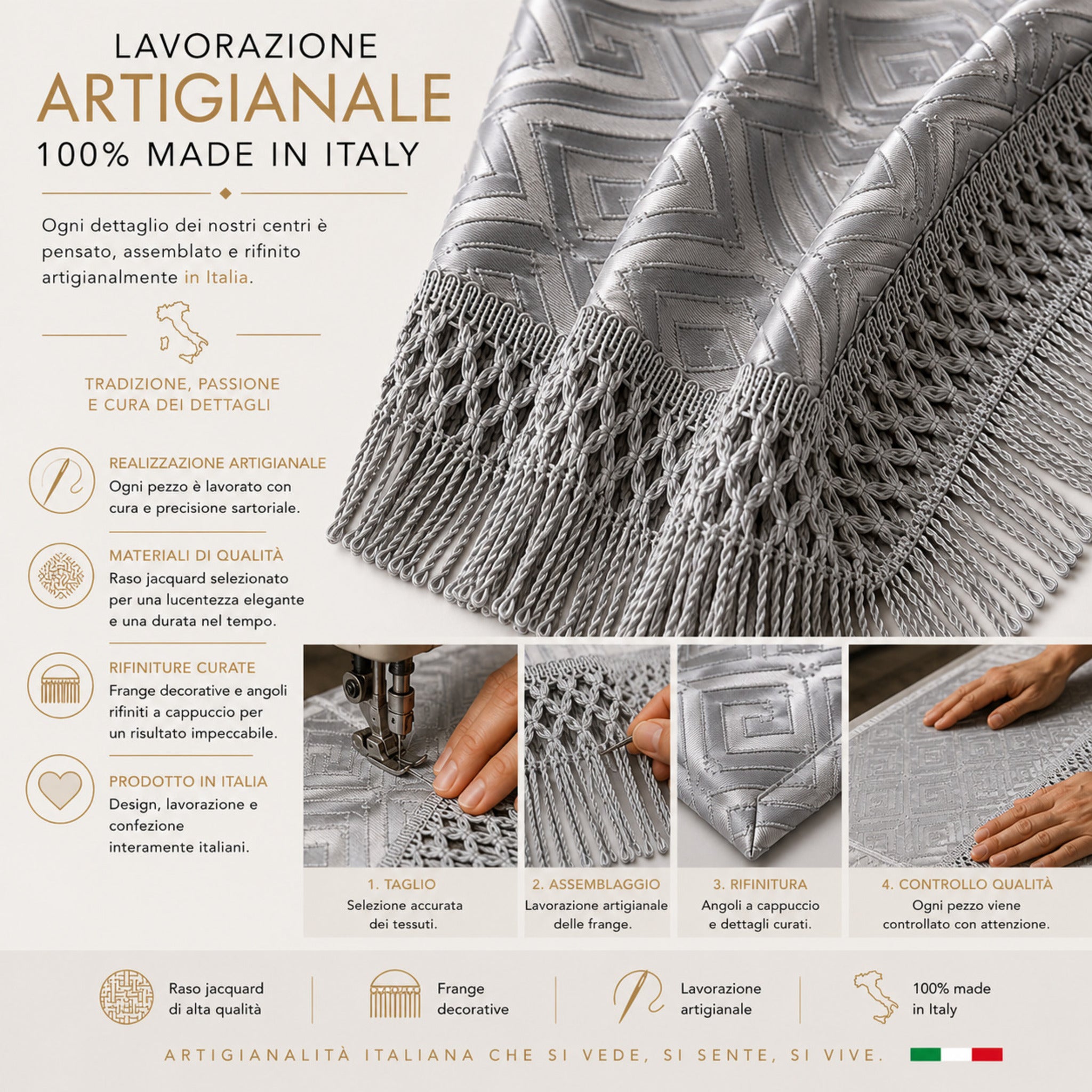 tris di centri grigi artigianali made in italy in raso jacquard con lavorazione curata