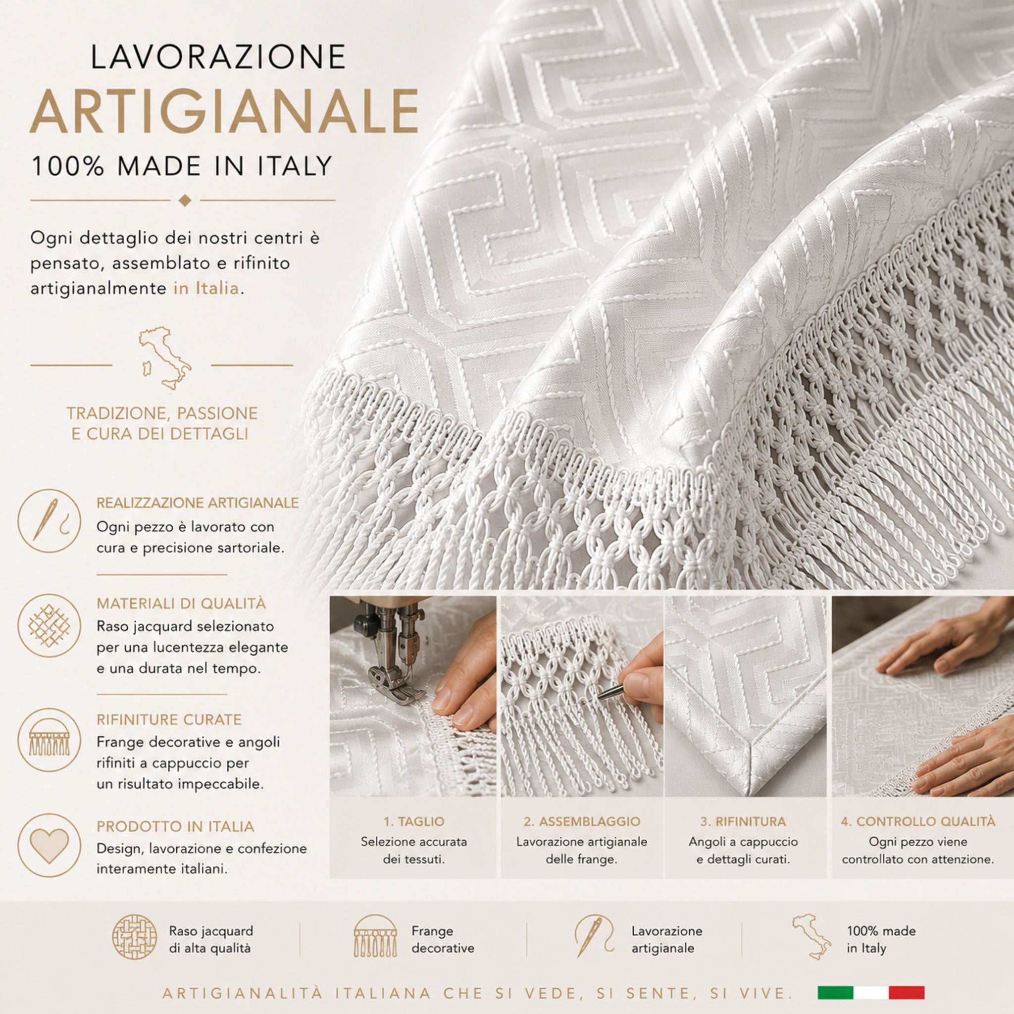 tris di centri bianchi artigianali made in italy in raso jacquard con lavorazione curata