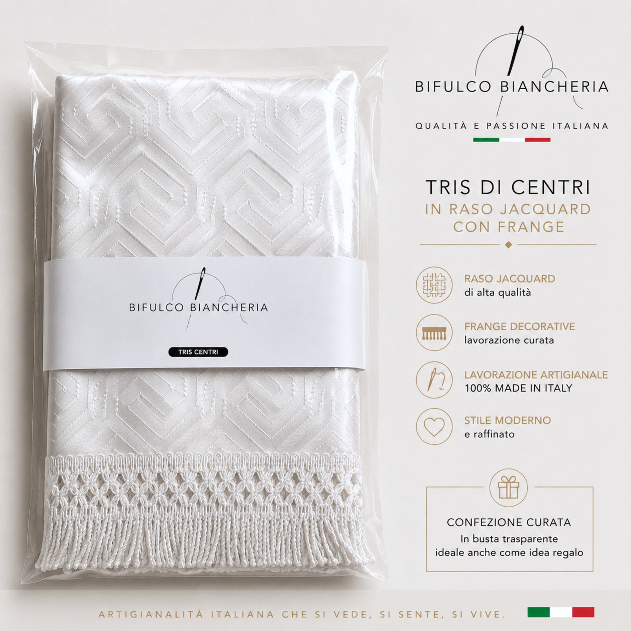 tris di centri jacquard bianchi confezione elegante bifulco biancheria