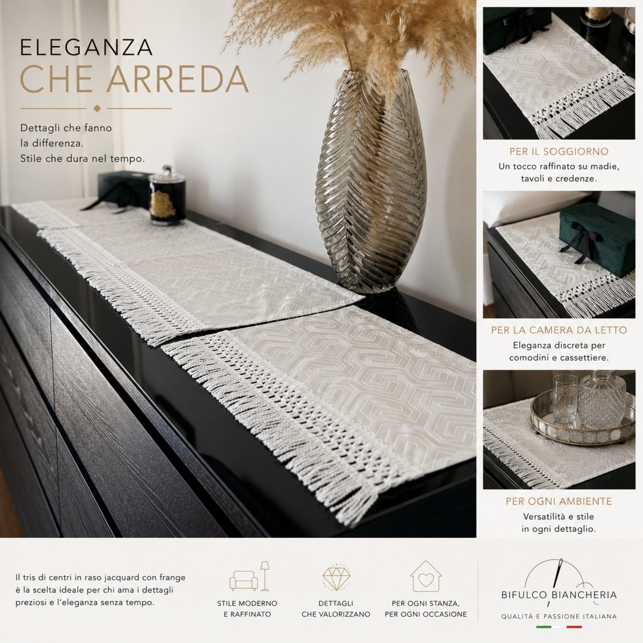 tris di centri eleganti per soggiorno camera da letto e credenza avorio