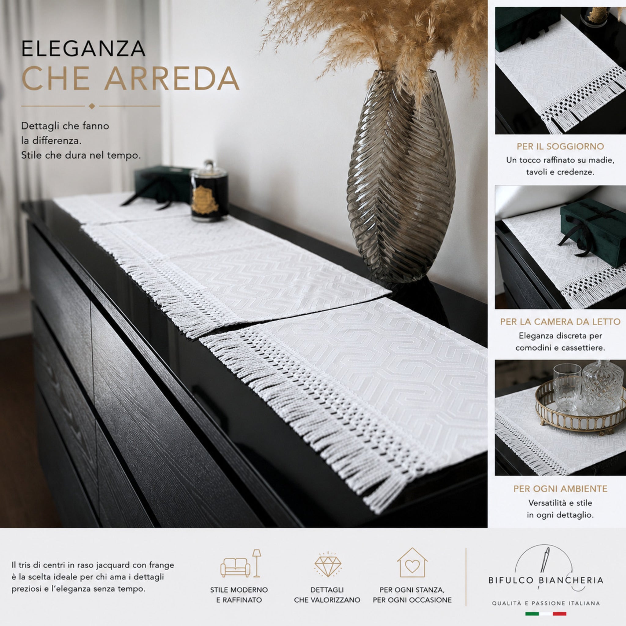 tris di centri eleganti per soggiorno camera da letto e credenza bianchi 
