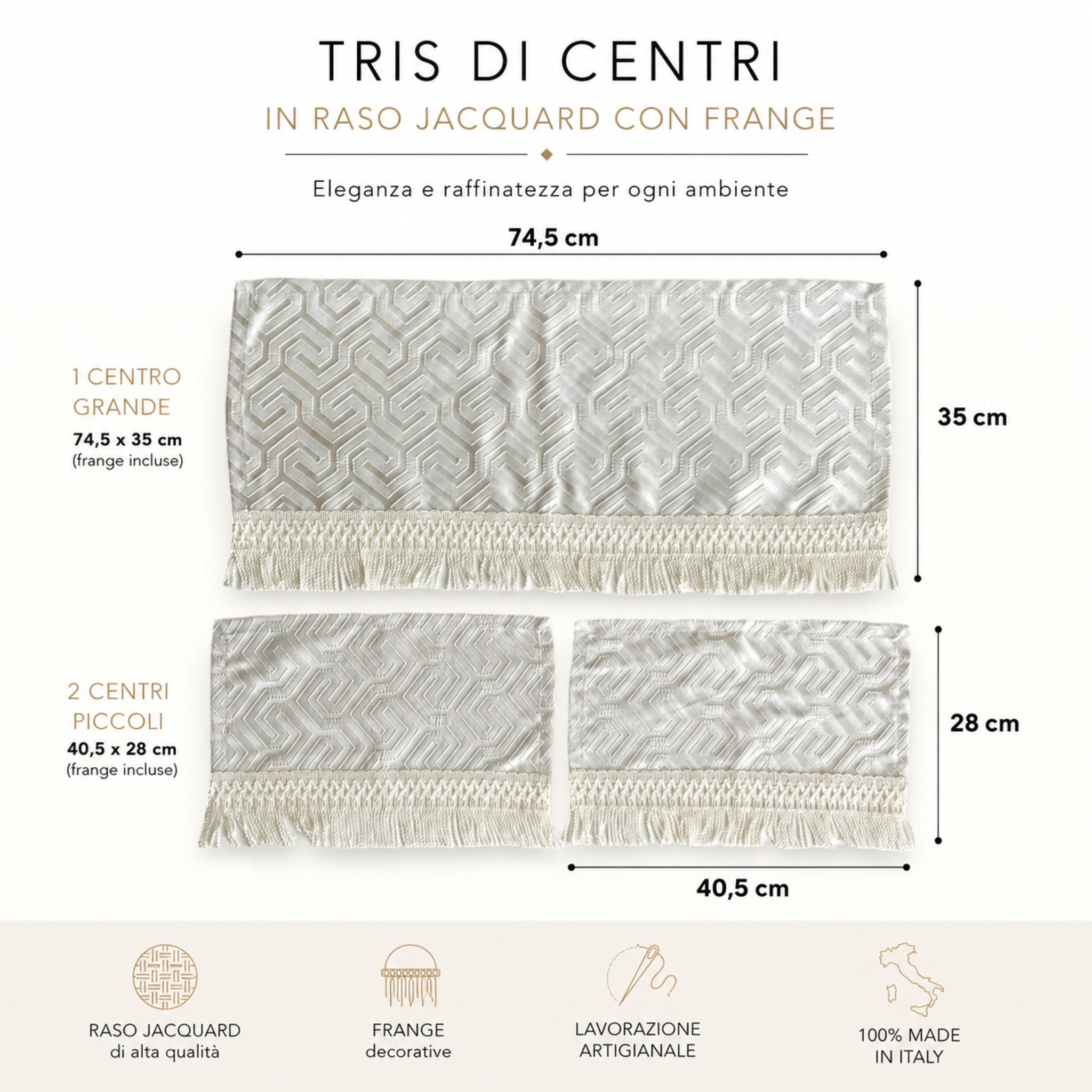 dimensioni tris di centri jacquard avorio con frange set 3 pezzi made in italy