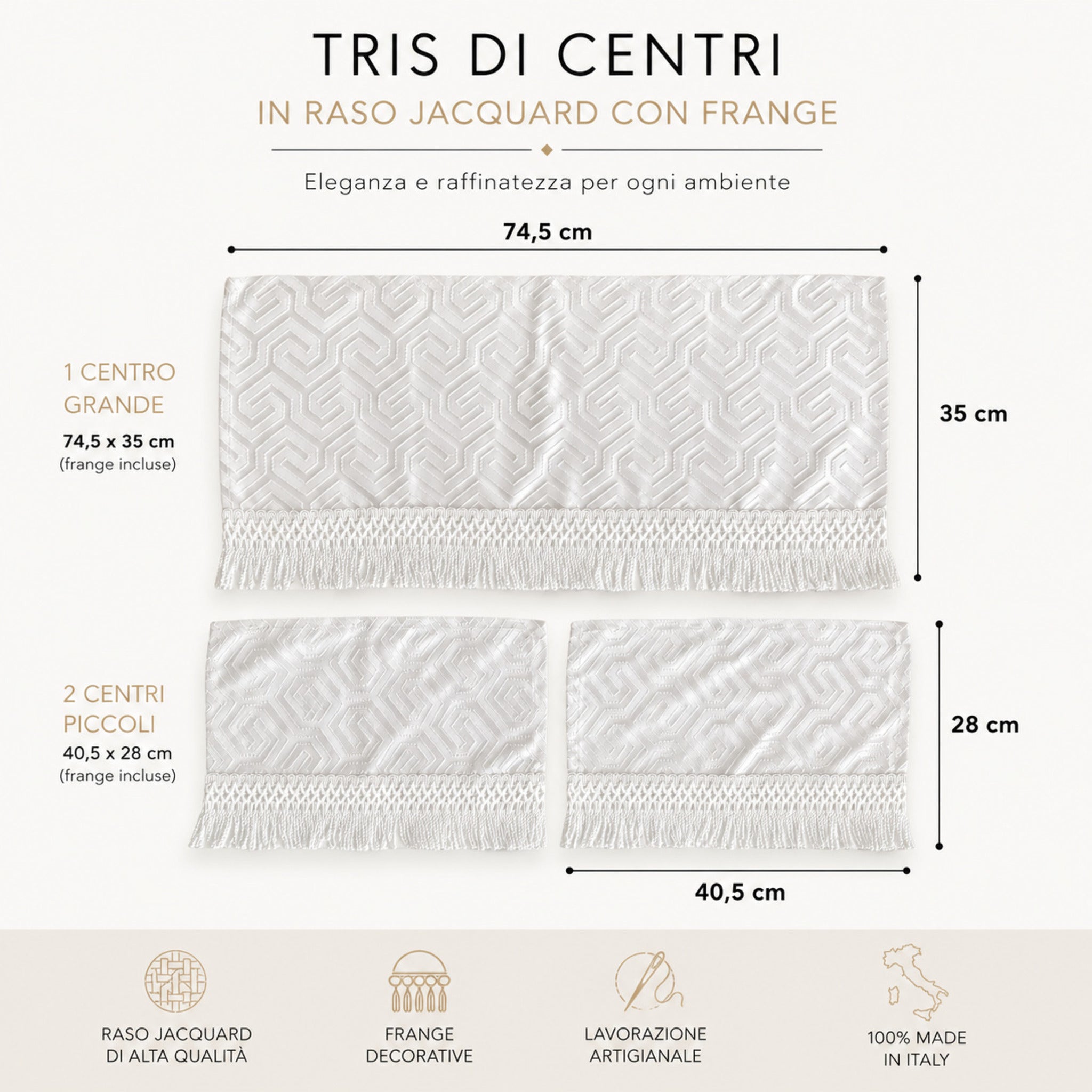 dimensioni tris di centri jacquard bianchi con frange set 3 pezzi made in italy