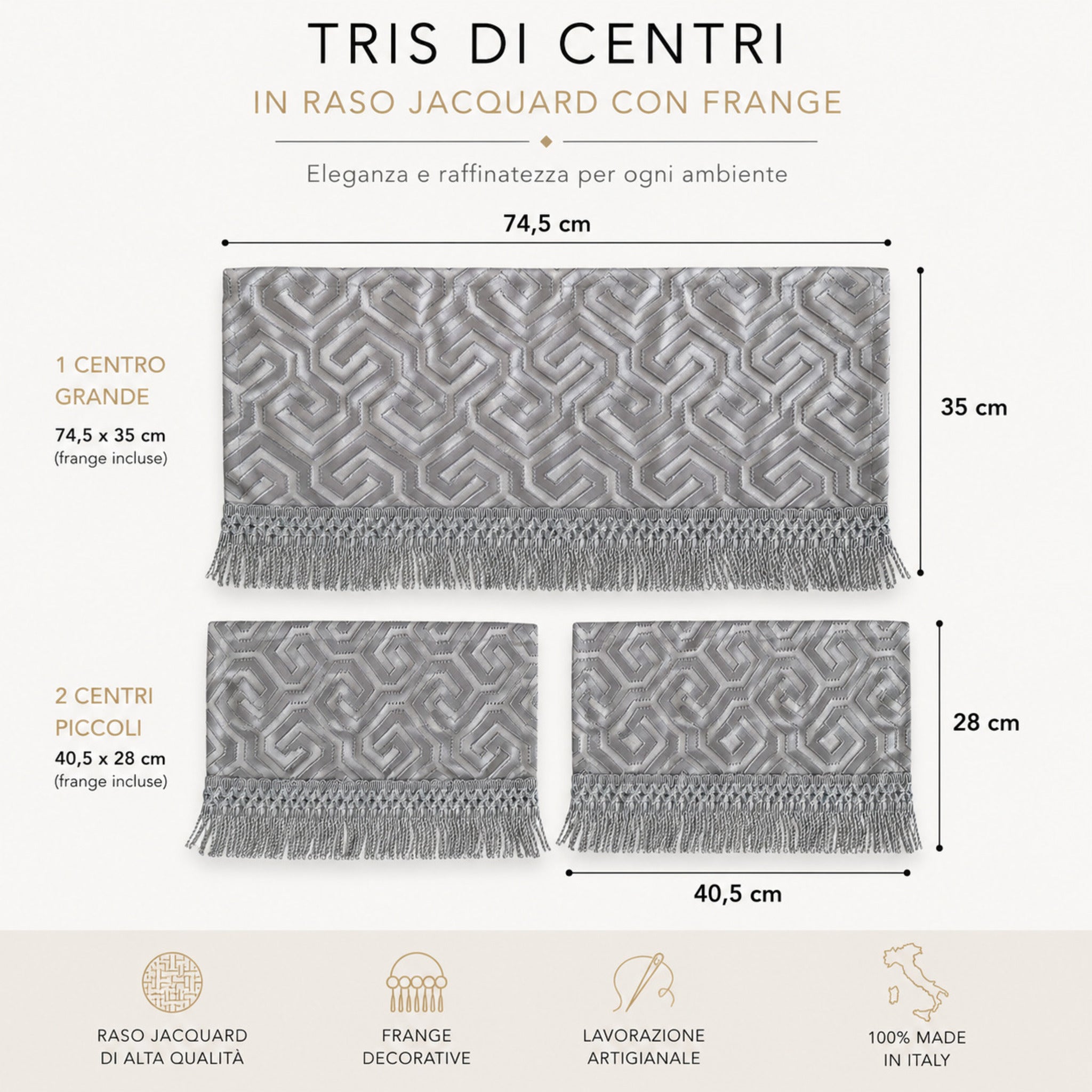 dimensioni tris di centri jacquard grigio con frange set 3 pezzi made in italy