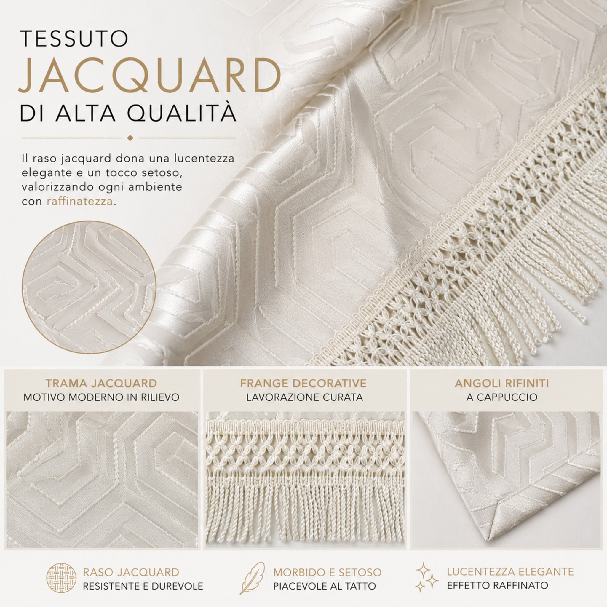 dettaglio tessuto raso jacquard con frange decorative avorio elegante
